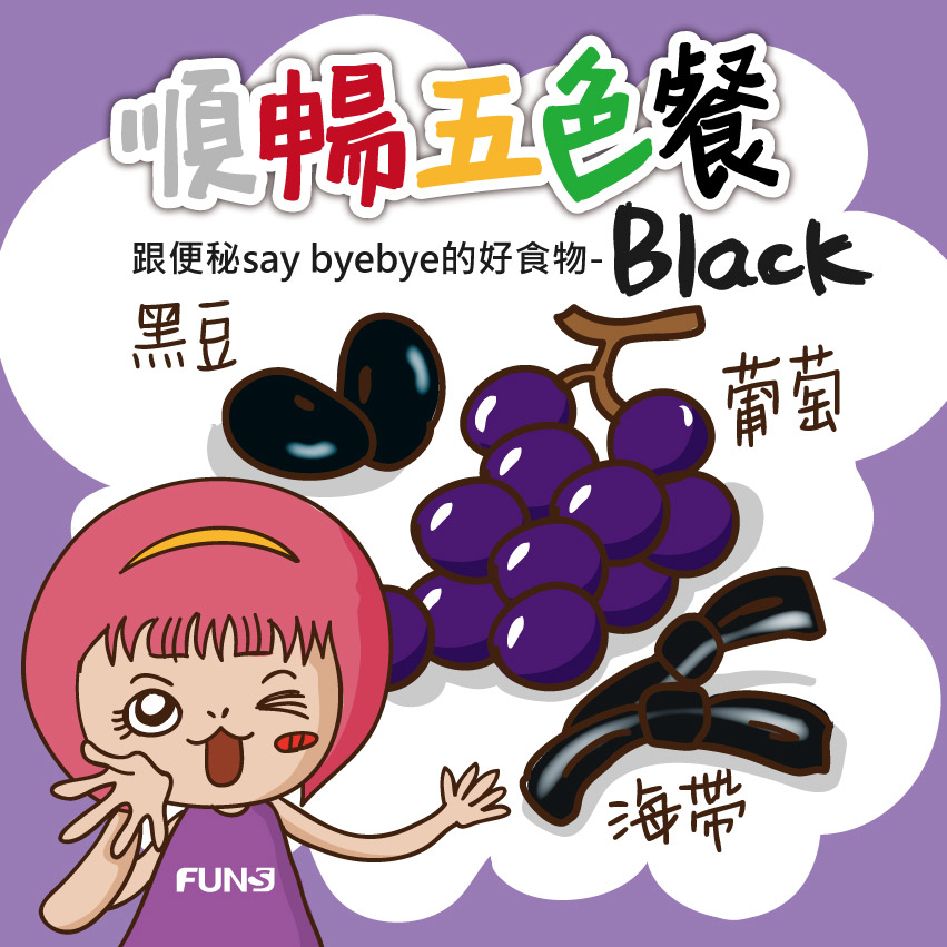 順暢五色餐，跟便祕說再見的黑色食物推薦，黑豆，因富含膳食纖維，所以能改善便祕，葡萄，有高纖維質，能促進消化系統代謝，有助於預防便祕，海帶，充滿膠質與礦物質，可改善便秘。