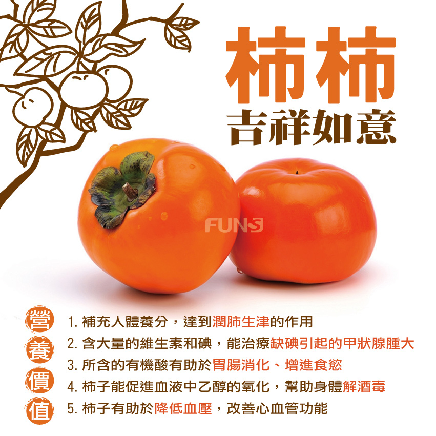 柿子營養價值，可以補充人體養分，達到潤肺生津的作用，含大量維生素和碘，能治療缺點引起的甲狀腺腫大，所含的有機酸有助於胃腸消化，增進食慾，可幫助身體解酒毒，有助於降低血壓，改善心血管功能。