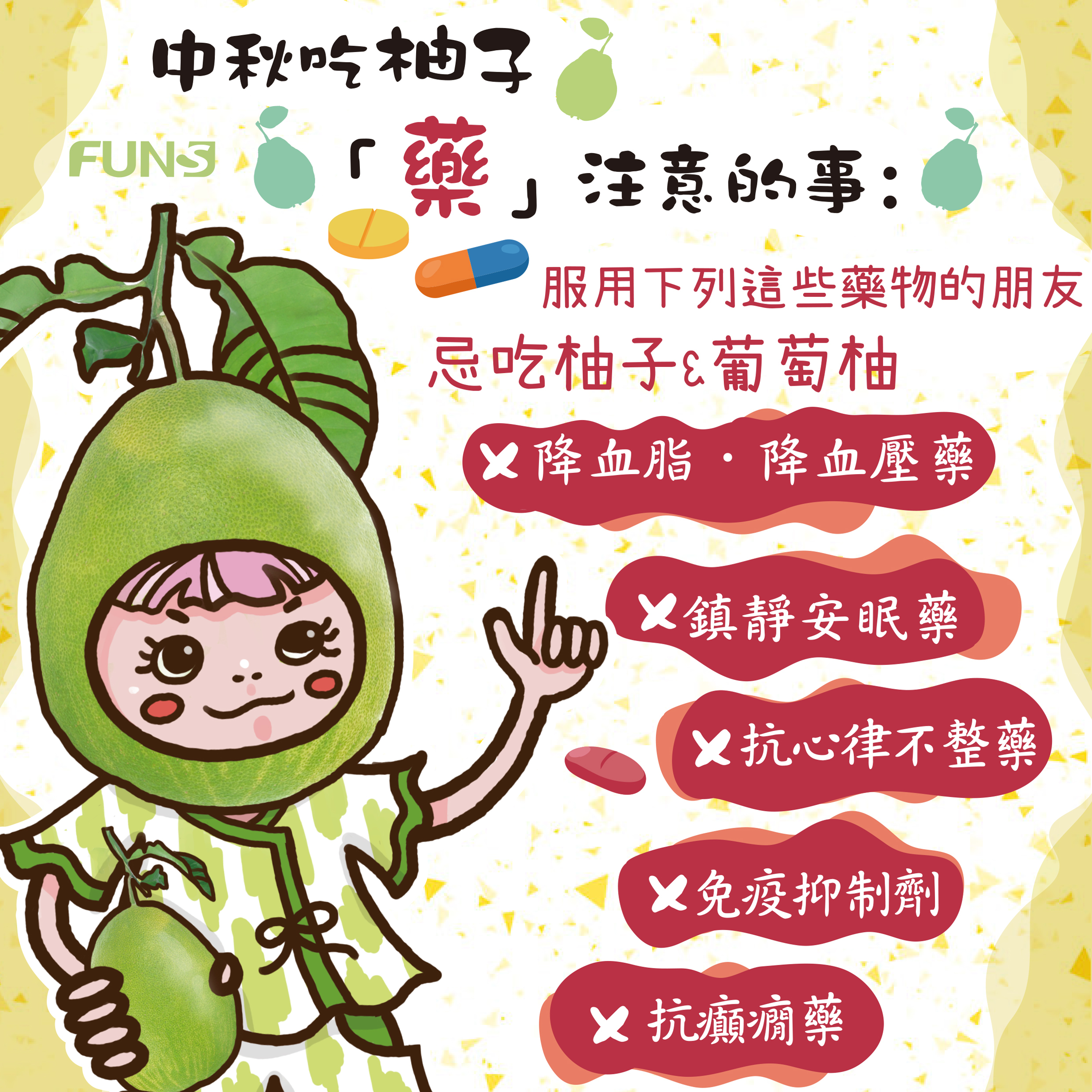 中秋吃柚子要注意甚麼事，服用這些藥物的朋友，忌吃柚子和葡萄柚喔，降血脂藥，降血壓藥，鎮靜安眠藥，抗心律不整藥，免疫抑制劑，抗癲癇藥，花妞提醒您，記得吃這些藥不能吃柚子喔．