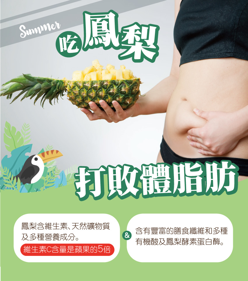 鳳梨含有人體所需的維生素及多種天然礦物質，和鳳梨酵素等，營養成分非常豐富，它 的維生素C含量，更是蘋果的5倍，豐富的營養成分，能幫助滋潤肌膚，同時消除身體疲勞，增強抵抗力，是排毒瘦身的最佳選擇。