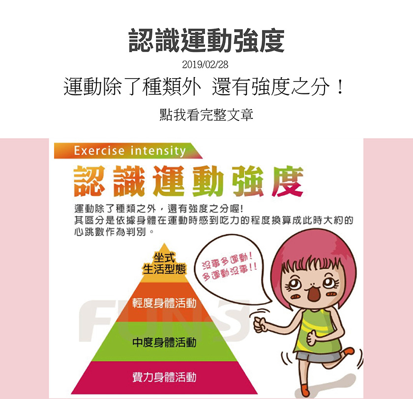 運動除了種類之外，還有強度之分，期區分是依據身體在運動時感到吃力的程度換算成此時大約的心跳數作為判斷。分為坐式，靜態活動，輕度，慢走、散步、園藝，中度，外丹功、健走、騎自行車，費力，網球、爬山、馬拉松、游泳。