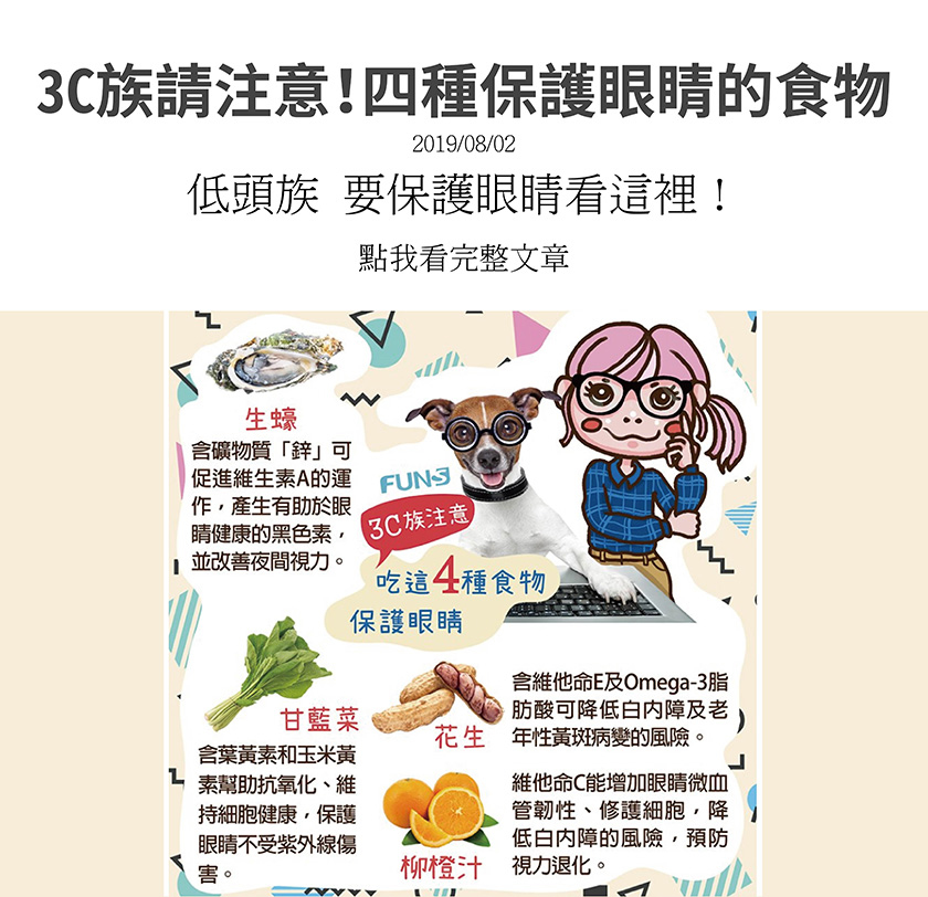 3C族注意，吃這四種食物保護眼睛，生蠔，含鋅，促進維生素A的運作，產生有助於眼睛健康的黑色素，甘藍菜，含葉黃素幫助抗氧化，保護眼睛不受紫外線傷害，花生，含維他命E及Omega-3脂肪酸，可降低白內障風險，柳橙汁，含維他命C能預防視力退化．