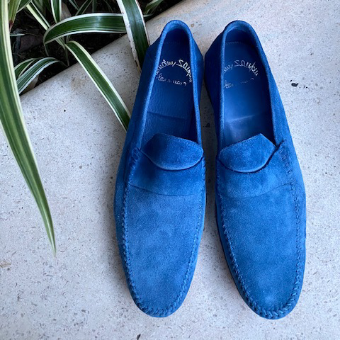 SANTONI Fatte a Mano Blue Suede Loafers
