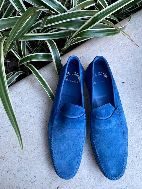SANTONI Fatte a Mano Blue Suede Loafers