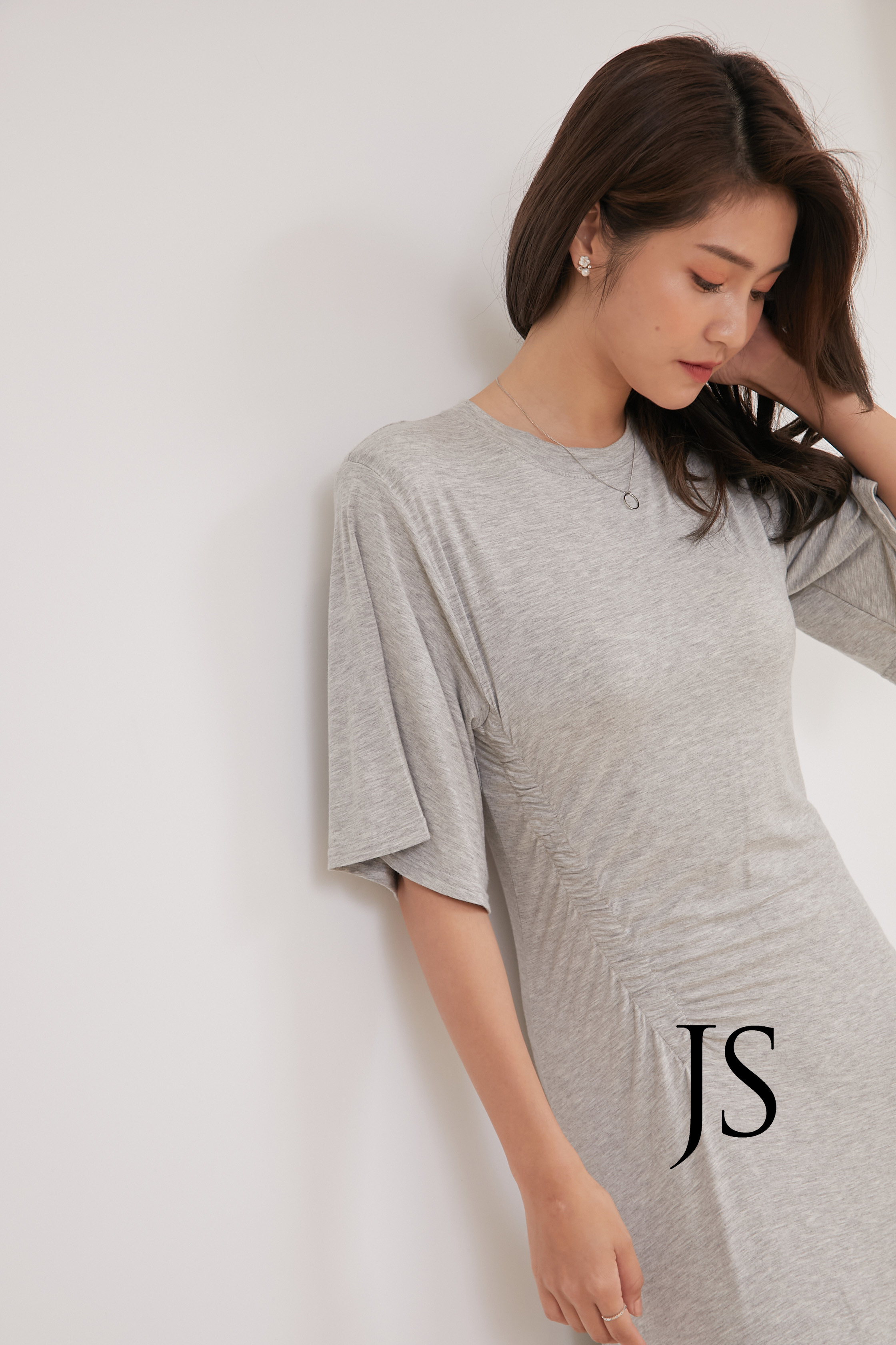 棉料寬袖側抓皺長洋