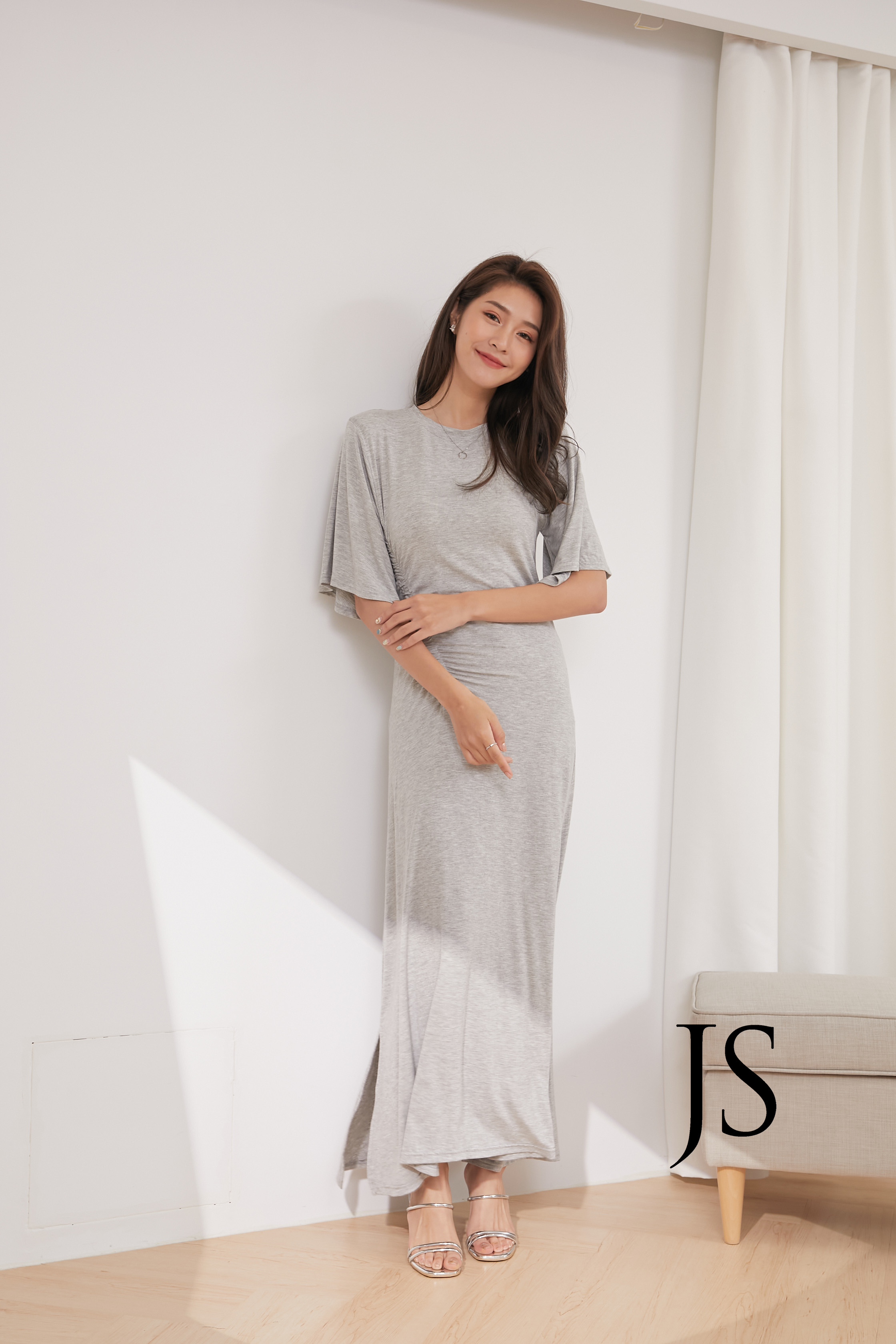 棉料寬袖側抓皺長洋