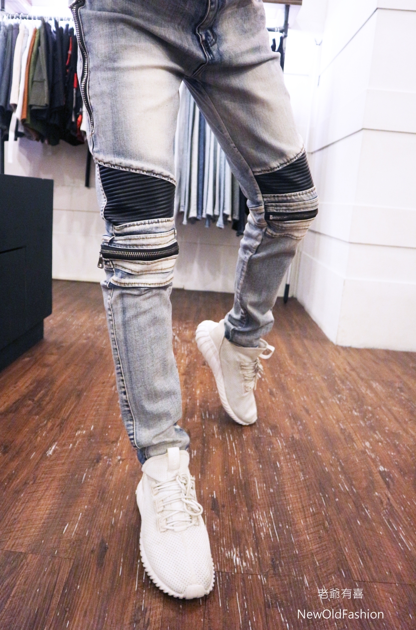 重磅膝拉鍊皮革機車褲