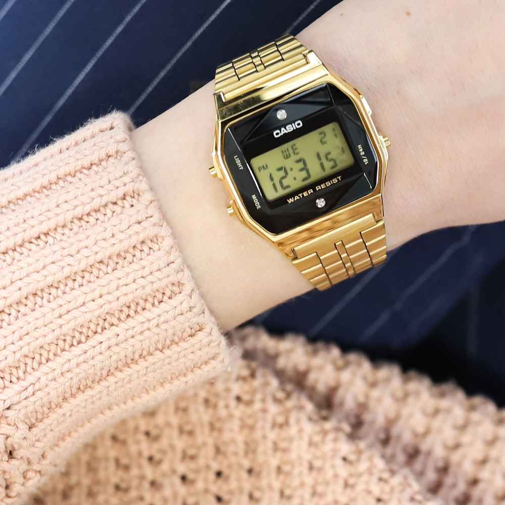 Casio A159WGED-1 中裝 切割玻璃 鑽石 金色方形復古跳字錶 (日本製)