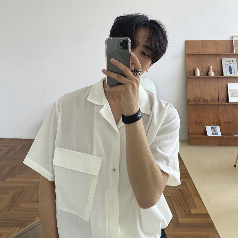 斜口袋設計短袖襯衫 / 白色 / 不提供退換貨