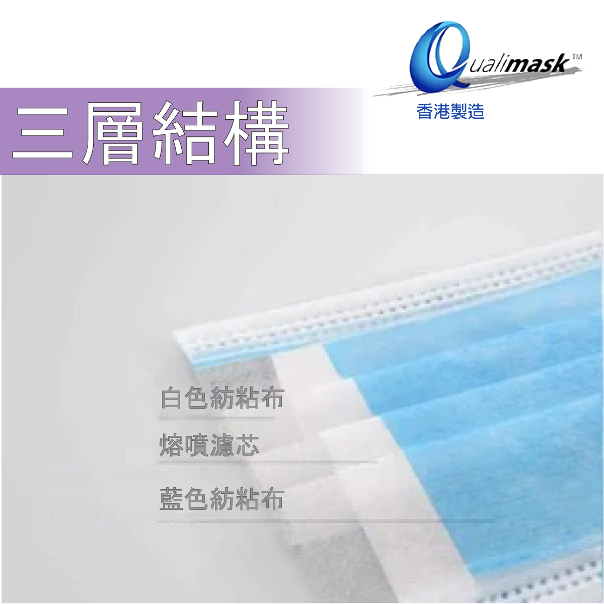 Qualimask- HK Made 3-Ply Disposable Face Mask- Adult 50pcs /box Individual Pack