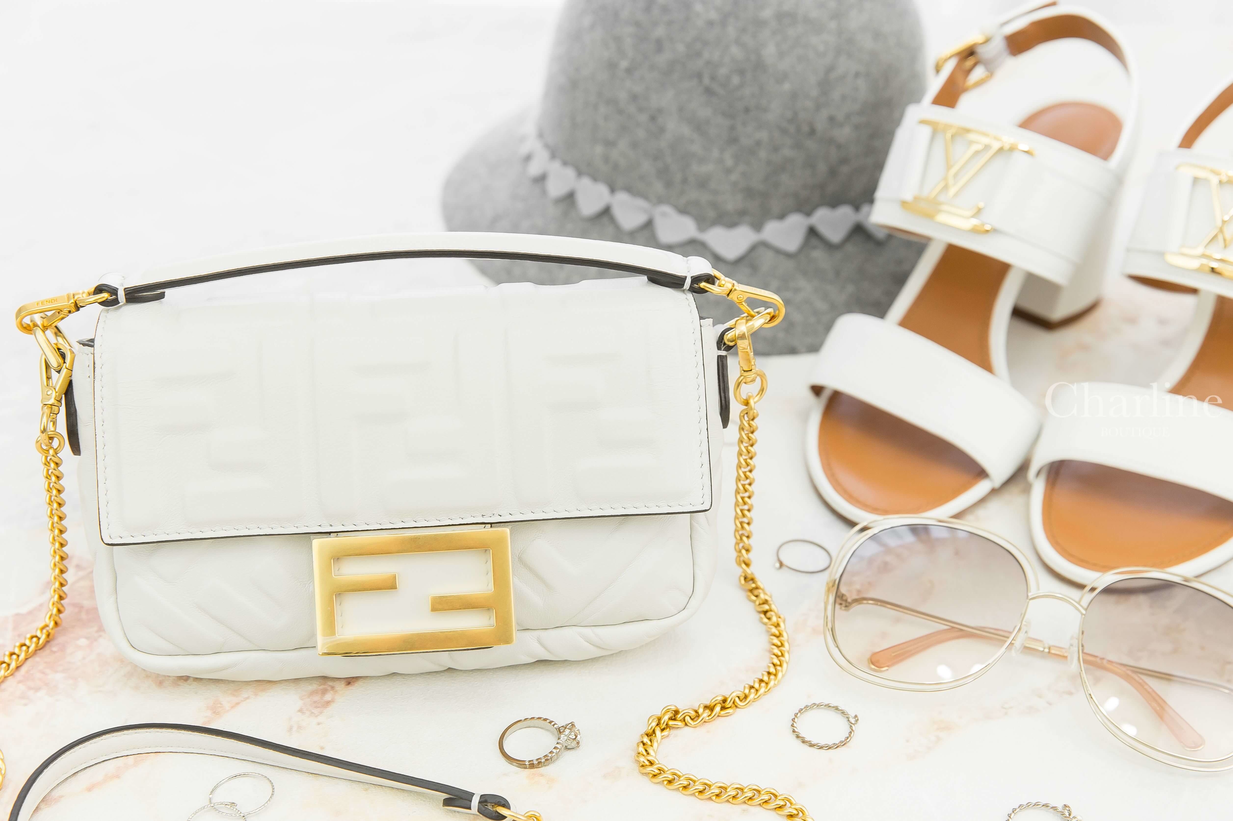 Fendi Baguette Mini 白色迷你金釦金鍊FF手提鏈帶肩背包
