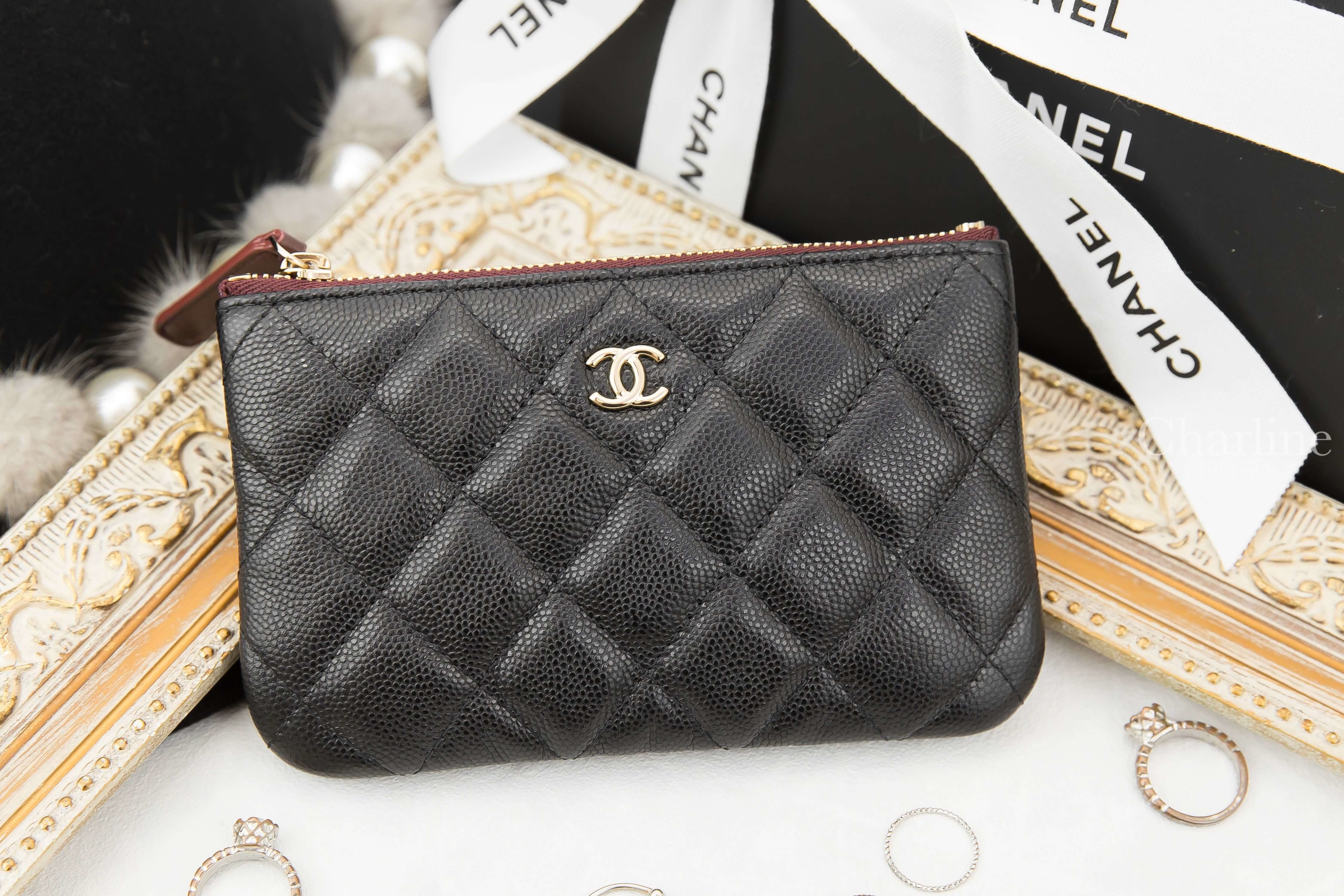 Chanel Classic Mini Pouch 黑色金CC酒紅內裡荔枝菱格紋拉鍊零錢包