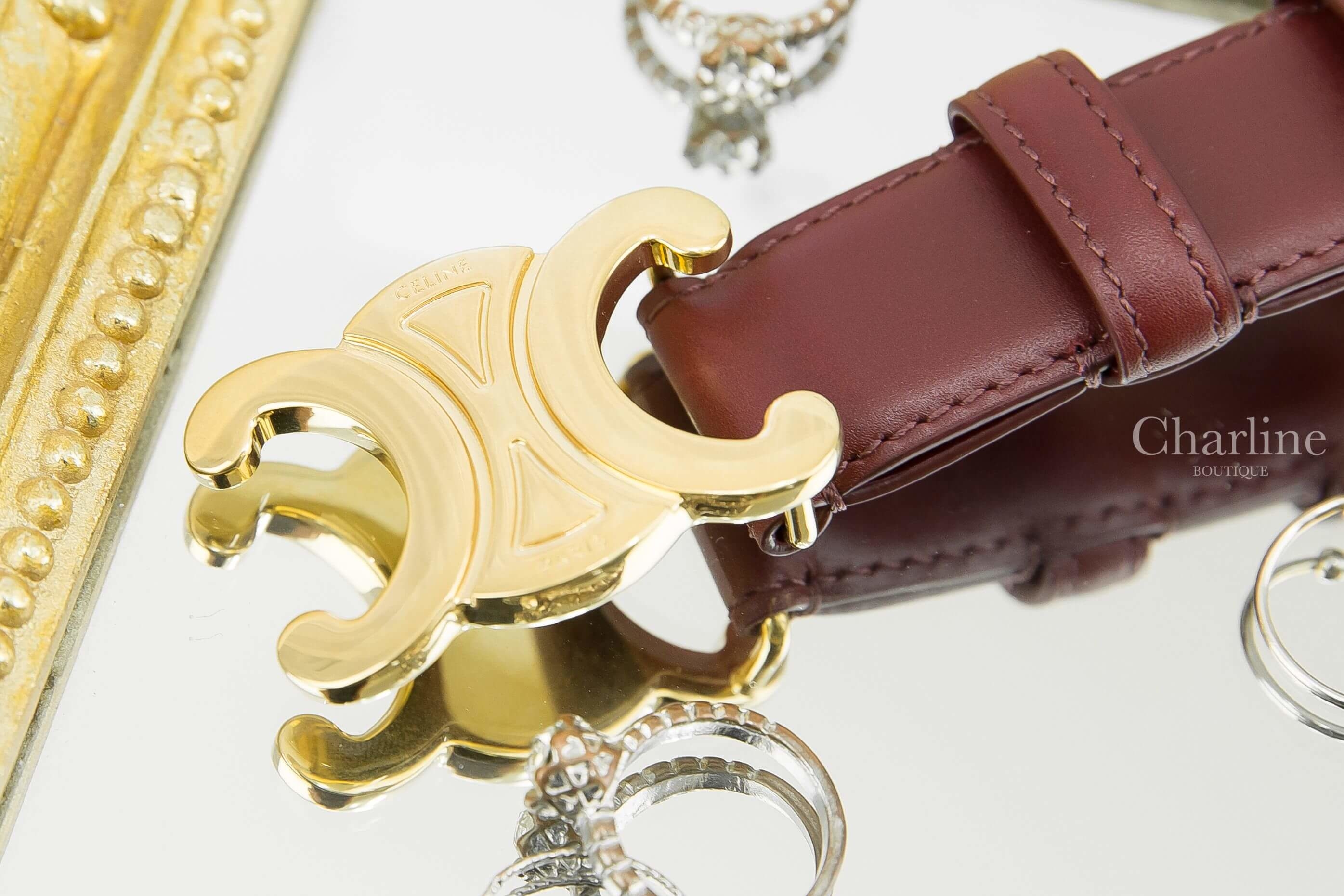 Celine Triomphe Belt In Smooth Calfskin 淺勃根地酒紅金色凱旋門2.5cm小牛皮皮帶