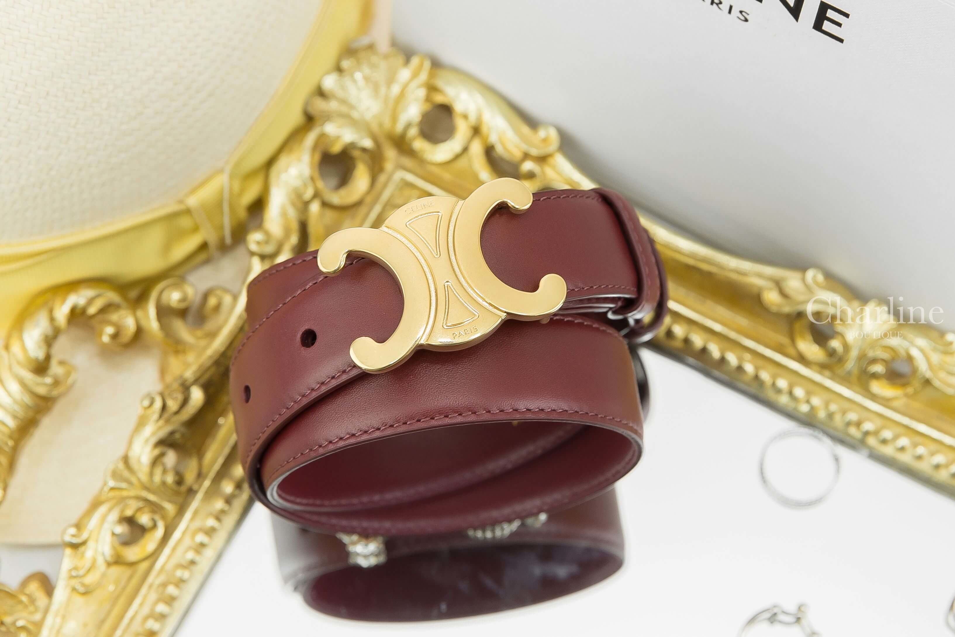 Celine Triomphe Belt In Smooth Calfskin 淺勃根地酒紅金色凱旋門2.5cm小牛皮皮帶