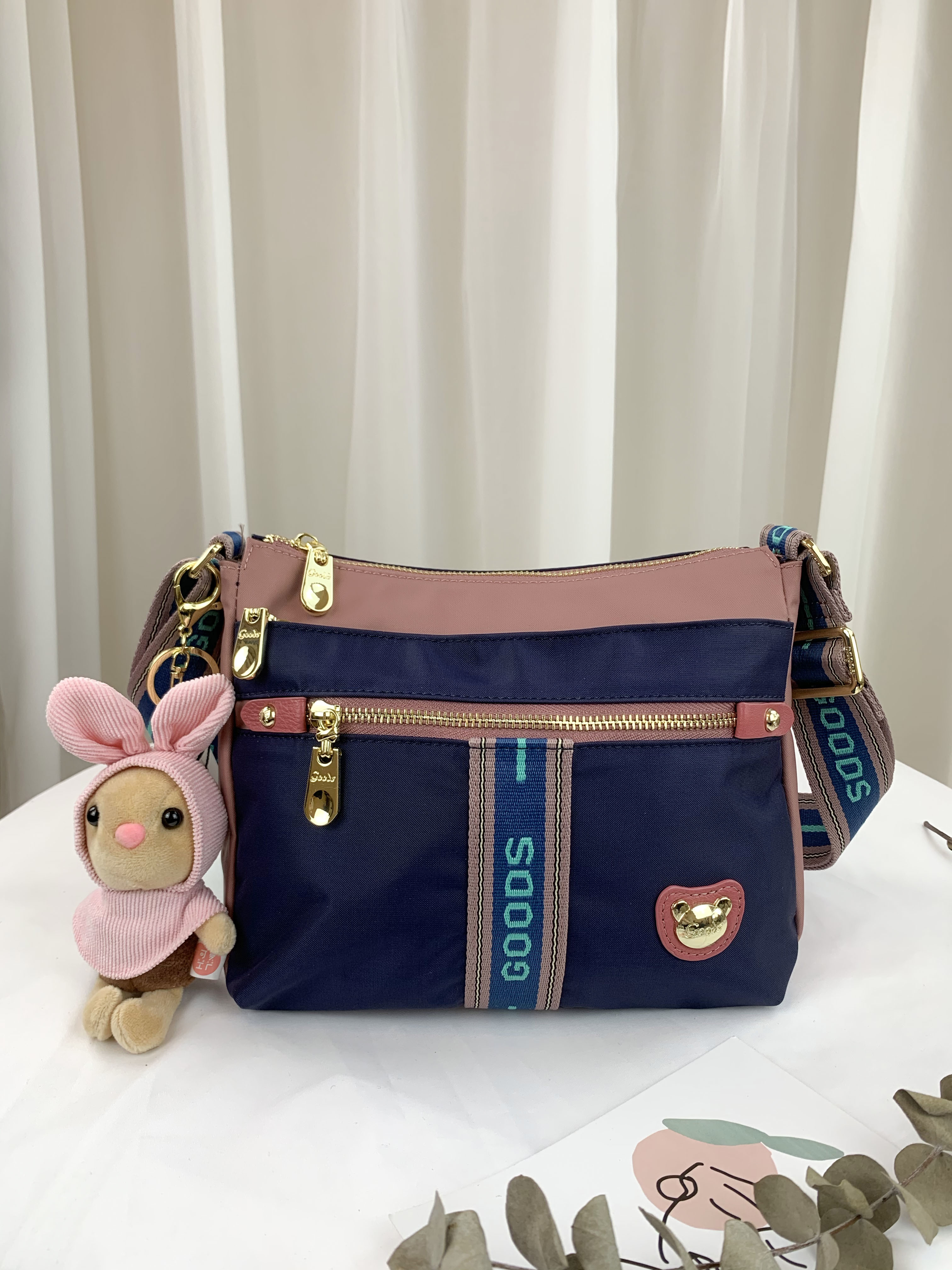 GOODS 織帶藍粉 尼龍防潑水側背包  #2672