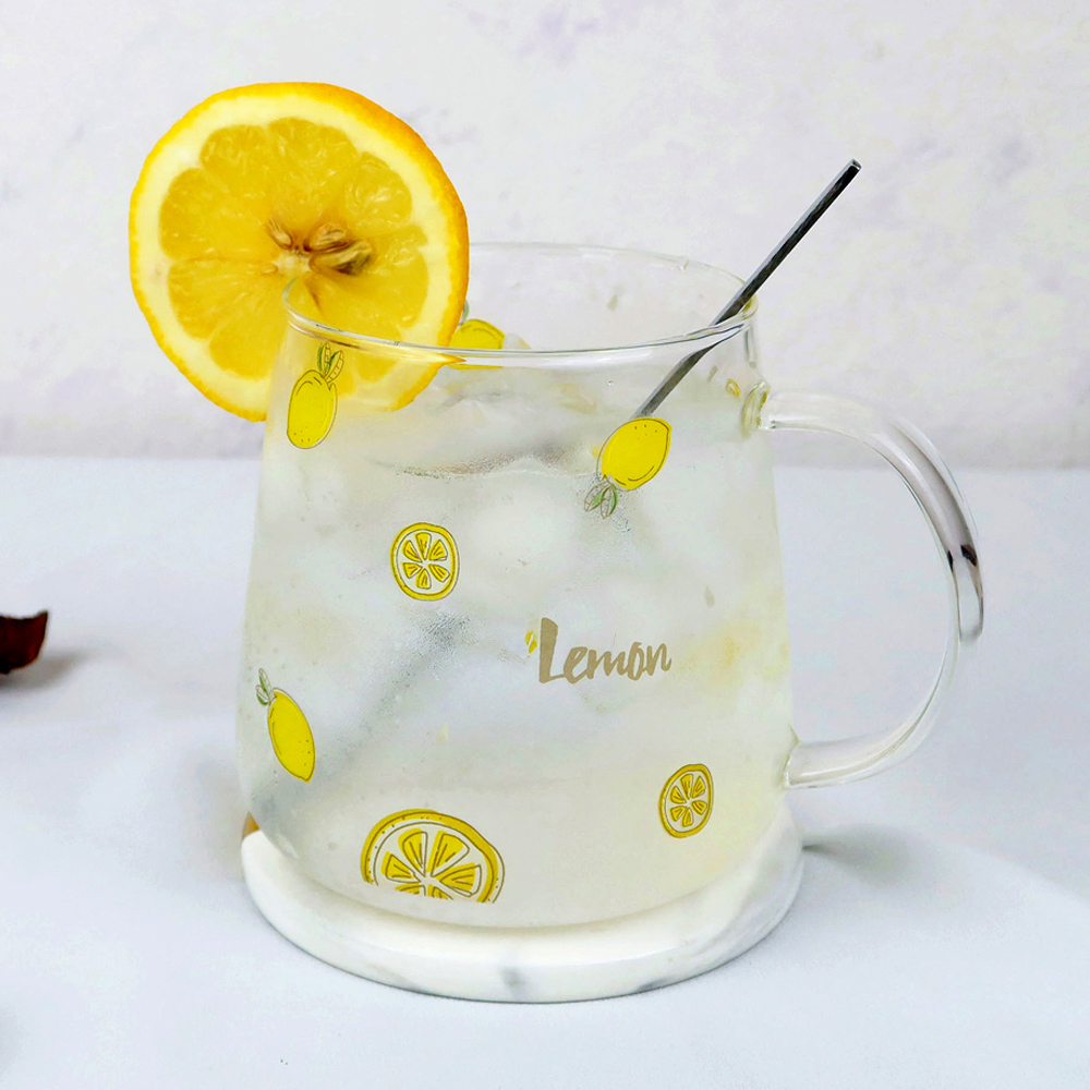 夏日檸檬耐熱玻璃馬克杯(附蓋+匙) 450ML