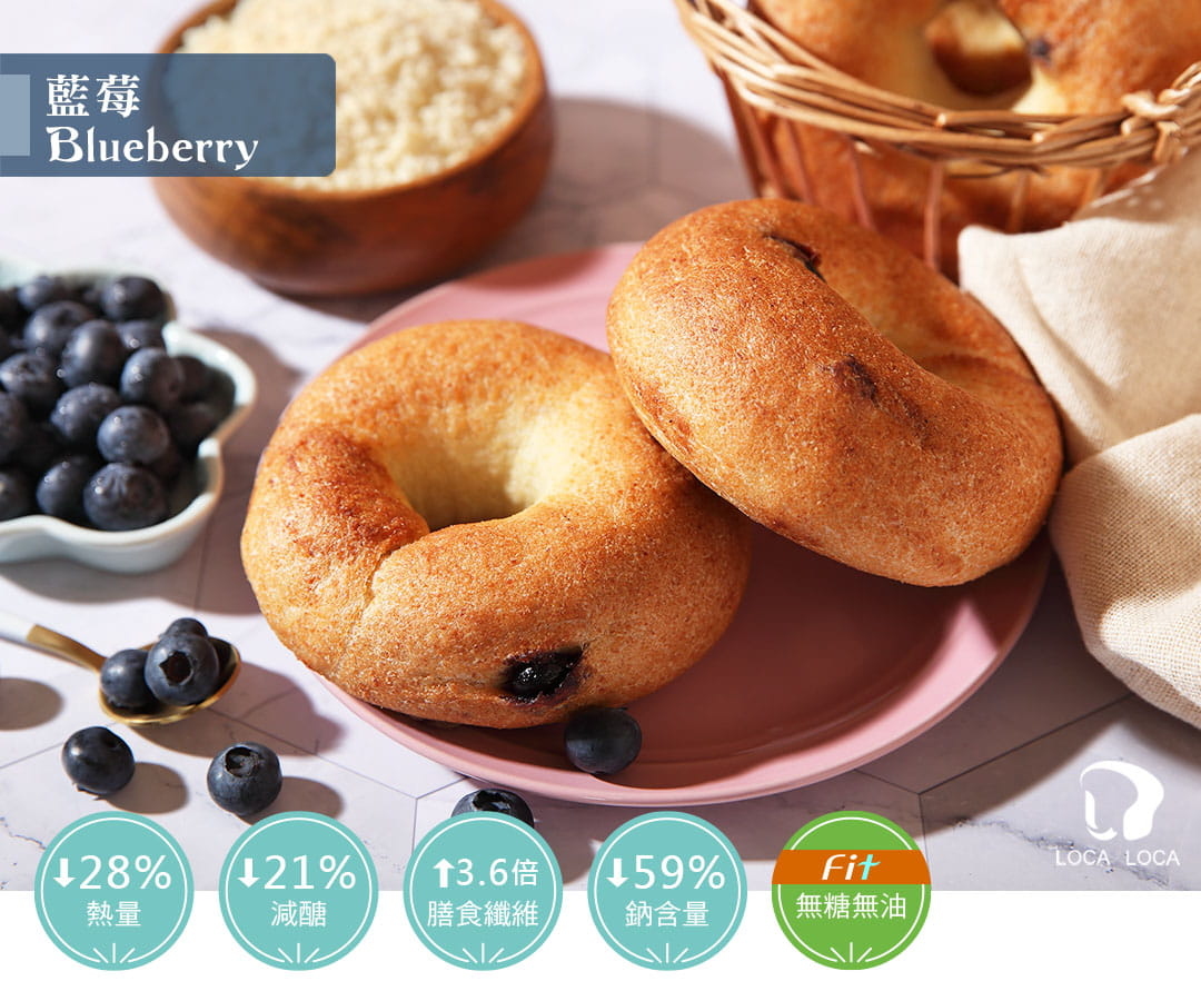 localoca減醣豆渣輕貝果，減醣、高纖、減卡，低碳麵包帶來輕盈生活。(藍莓)