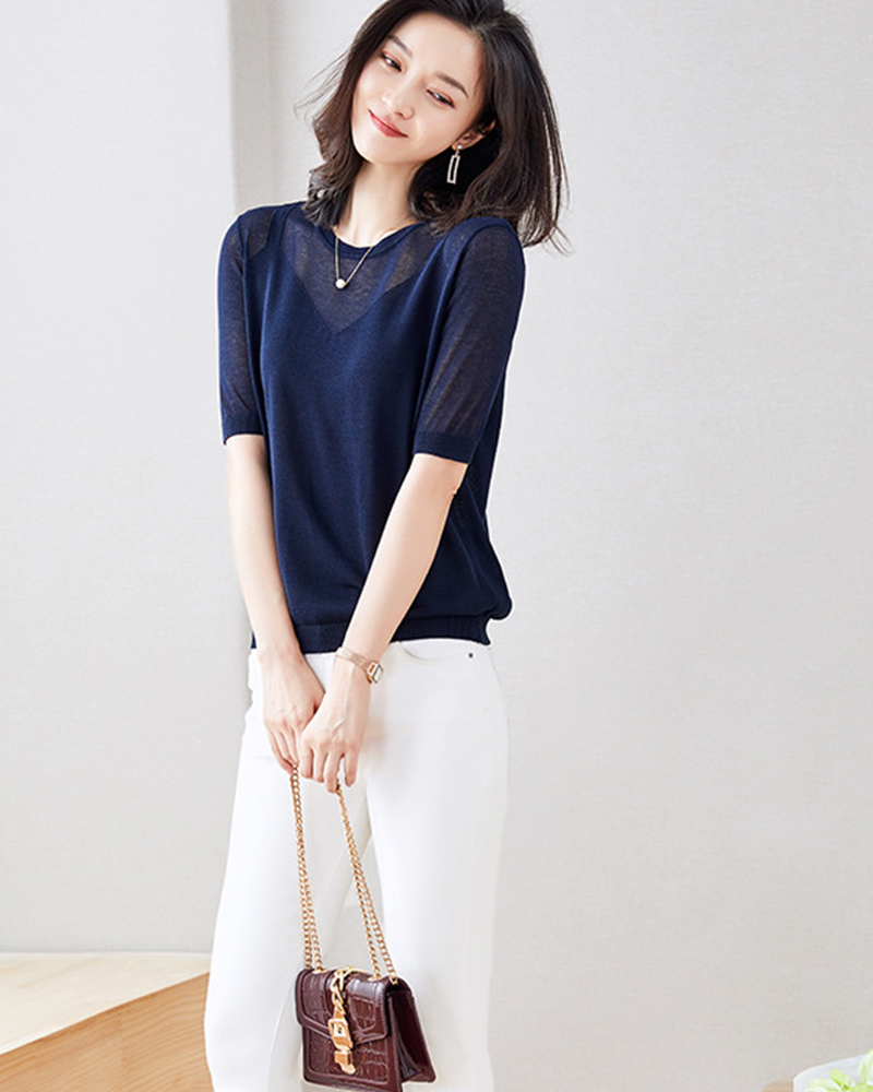 DEER.W 鏤空吊帶V領針織上衣 藏青