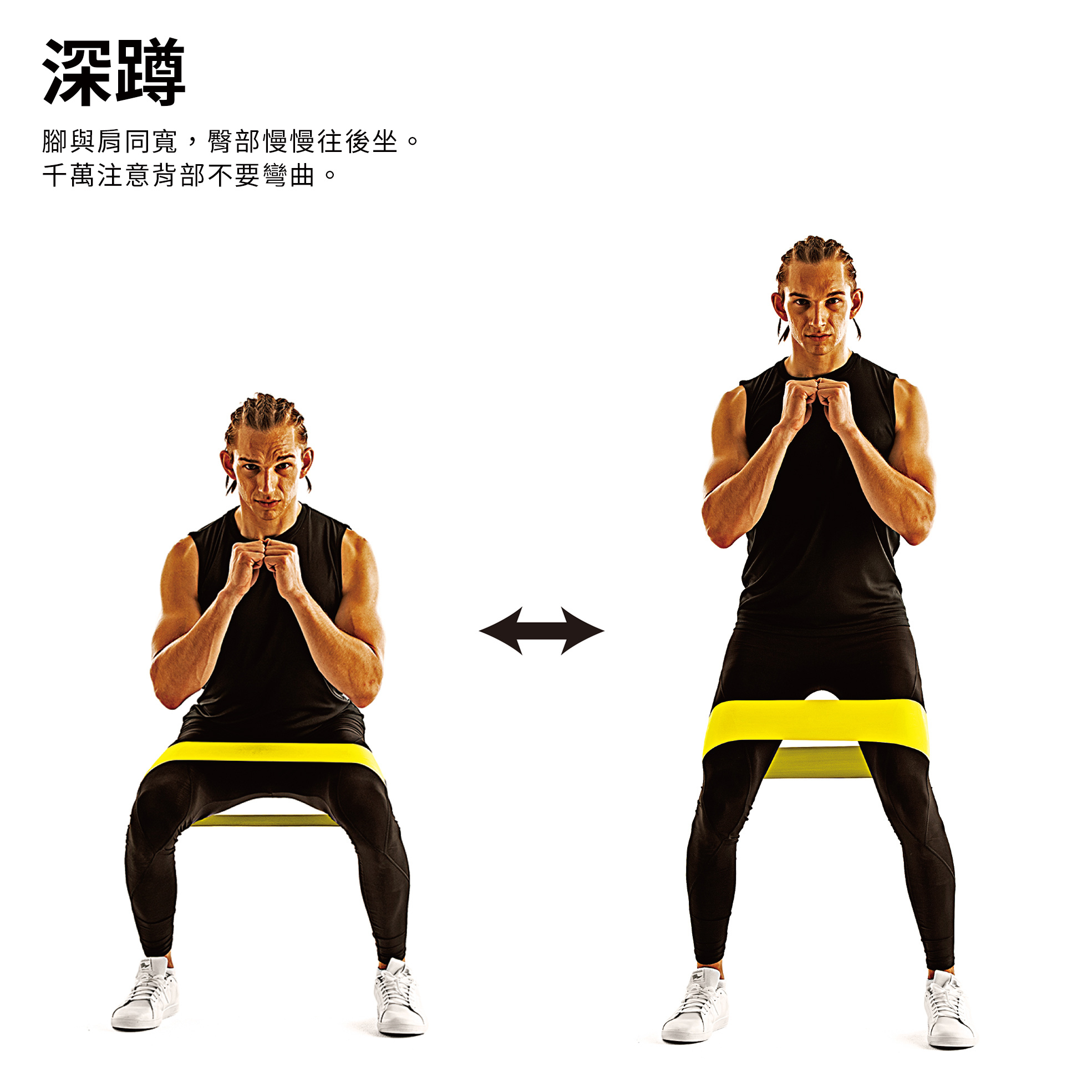 深蹲腳與肩同寬,臀部慢慢往後坐千萬注意背部不要彎曲。