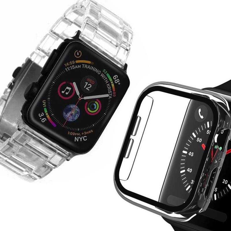 Apple Watch【透明方塊錶帶/透明鋼化玻璃錶殼】冰晶新款 觸控升級