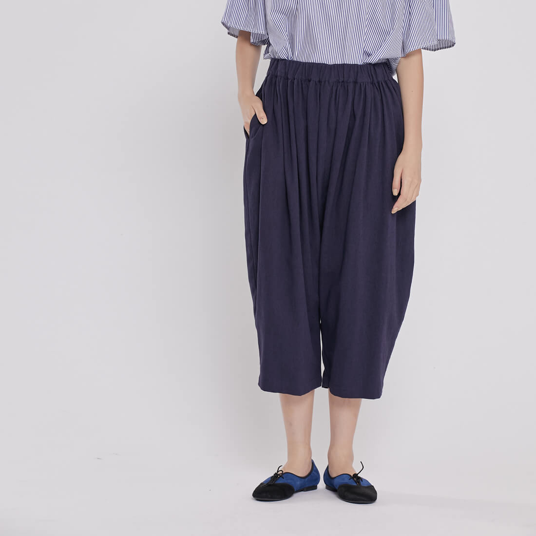 Bruce水洗棉麻低檔飛鼠褲/深藍