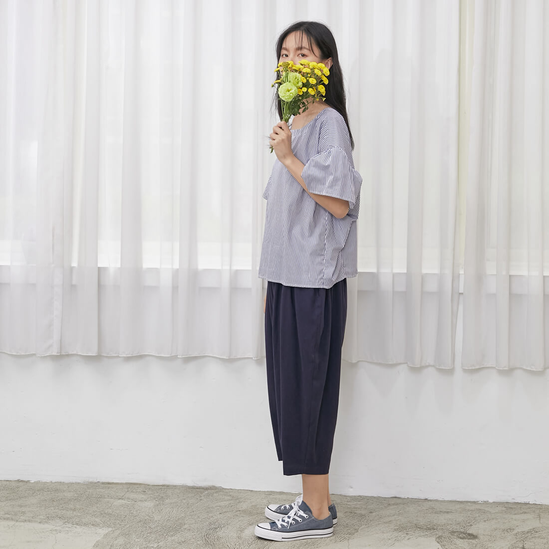 Bruce水洗棉麻低檔飛鼠褲/深藍