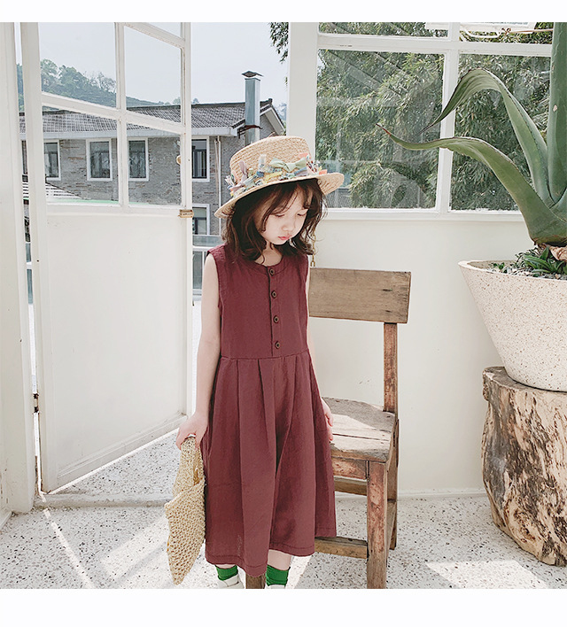 無袖連身寬褲裙 磚紅色
