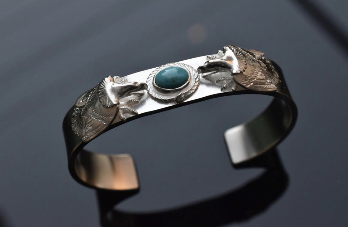 LIFE系列 雙銀老鷹銀繩松石平打手鐲