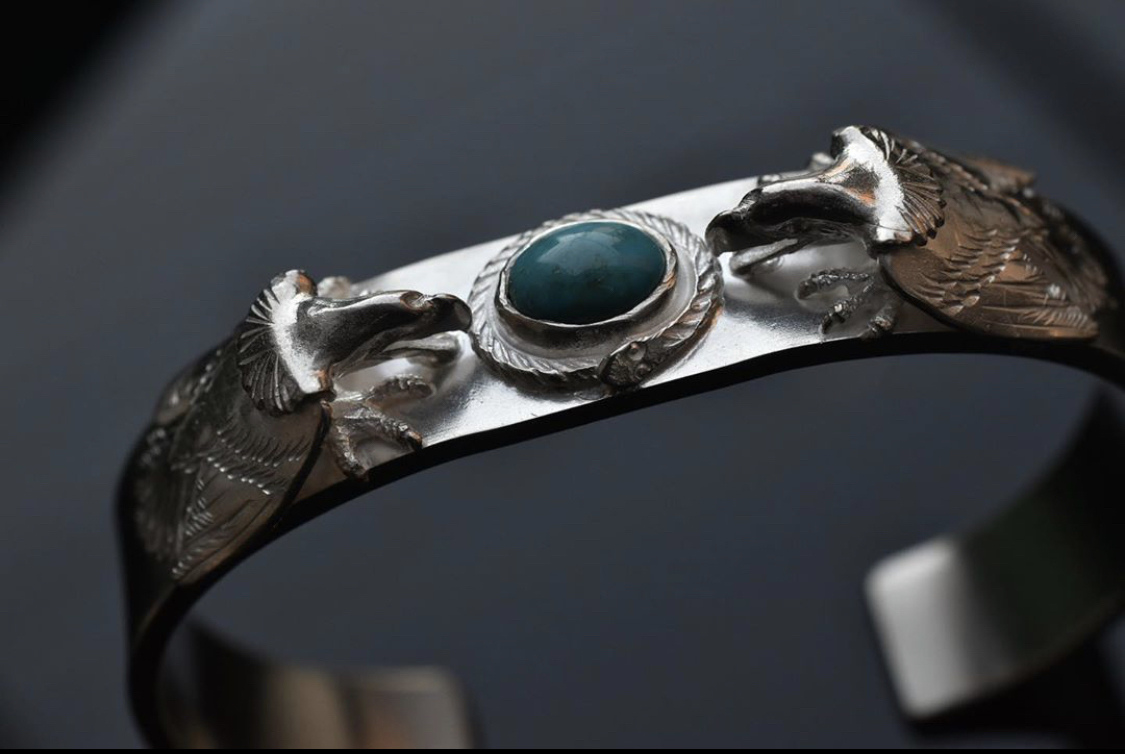 LIFE系列 雙銀老鷹銀繩松石平打手鐲