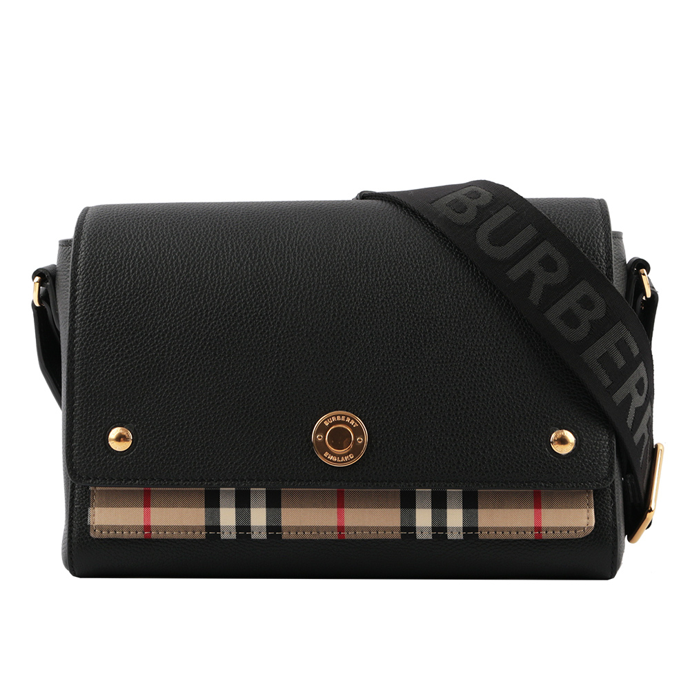 【BURBERRY】Vintage格紋拼皮革翻蓋斜背包