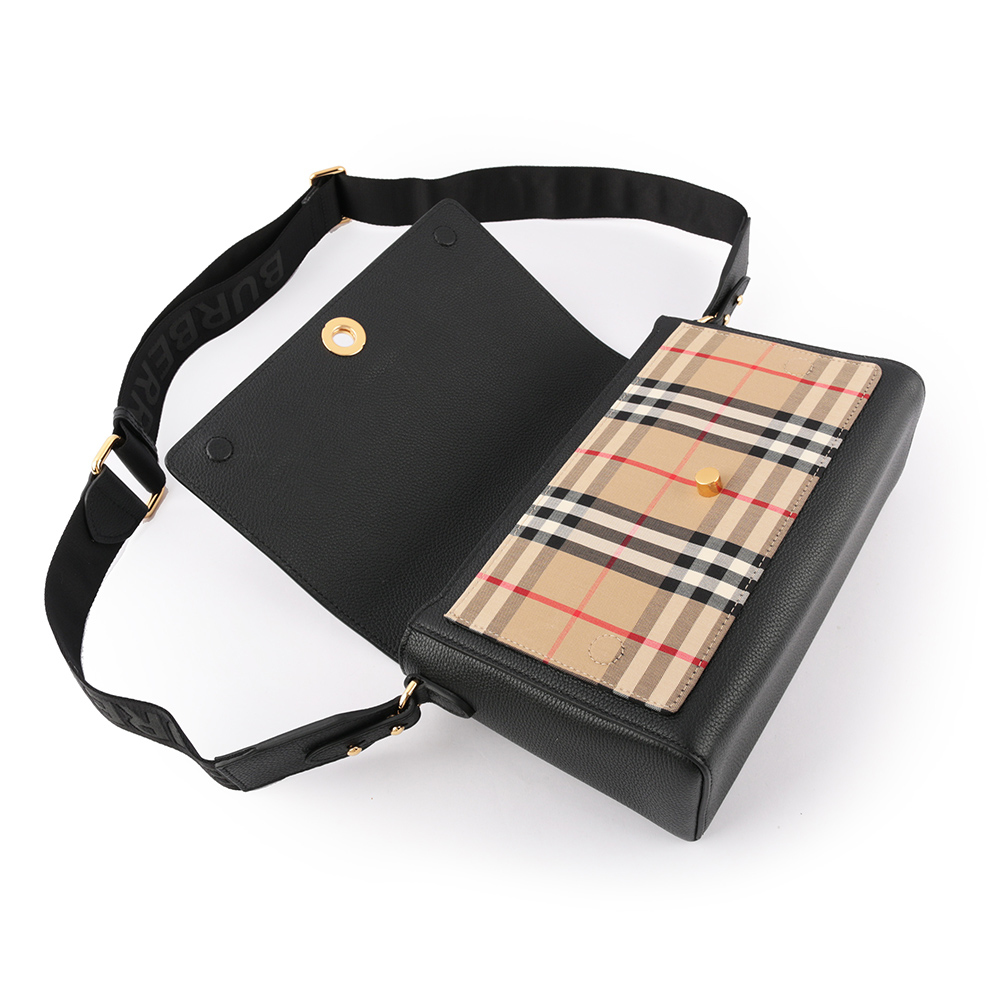 【BURBERRY】Vintage格紋拼皮革翻蓋斜背包