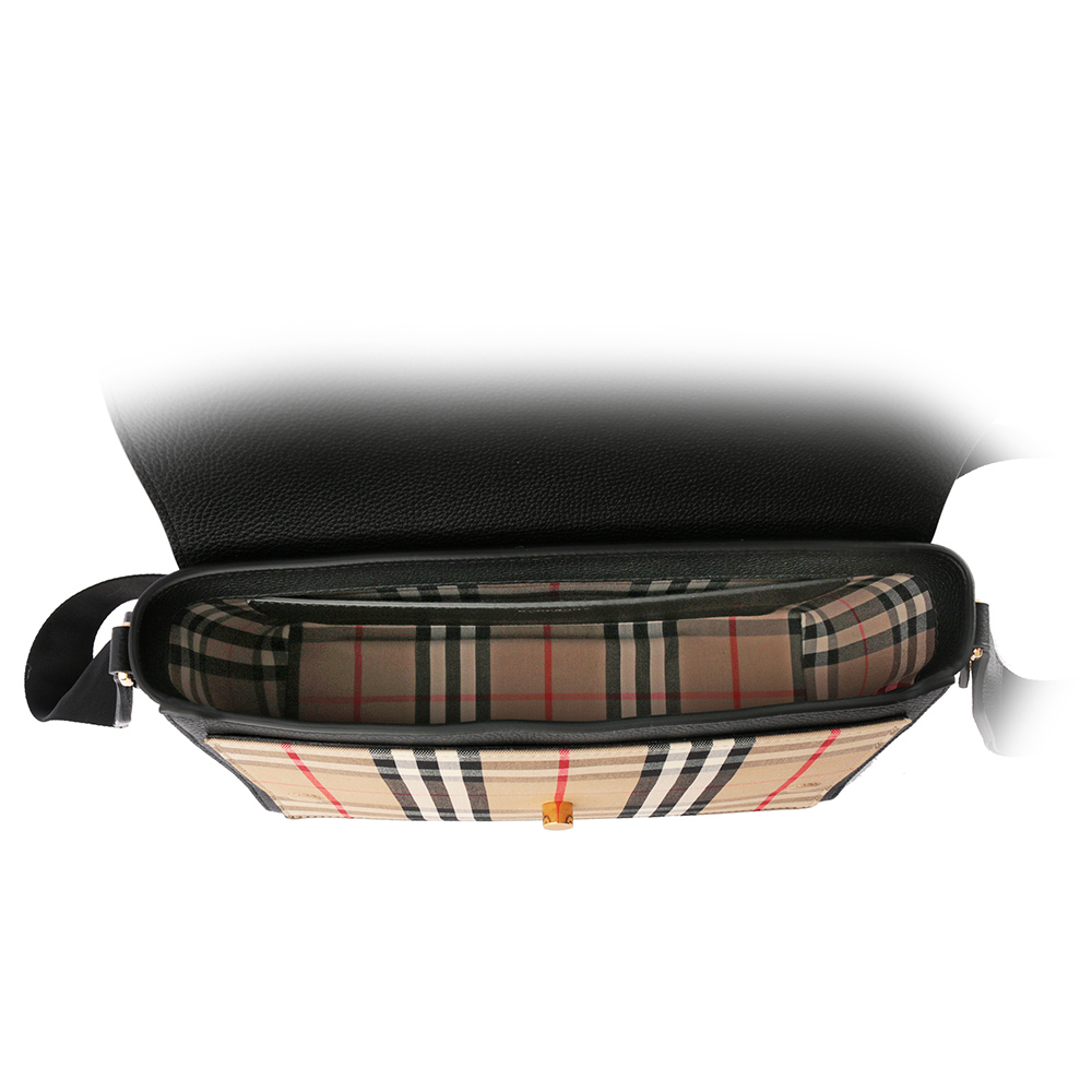 【BURBERRY】Vintage格紋拼皮革翻蓋斜背包
