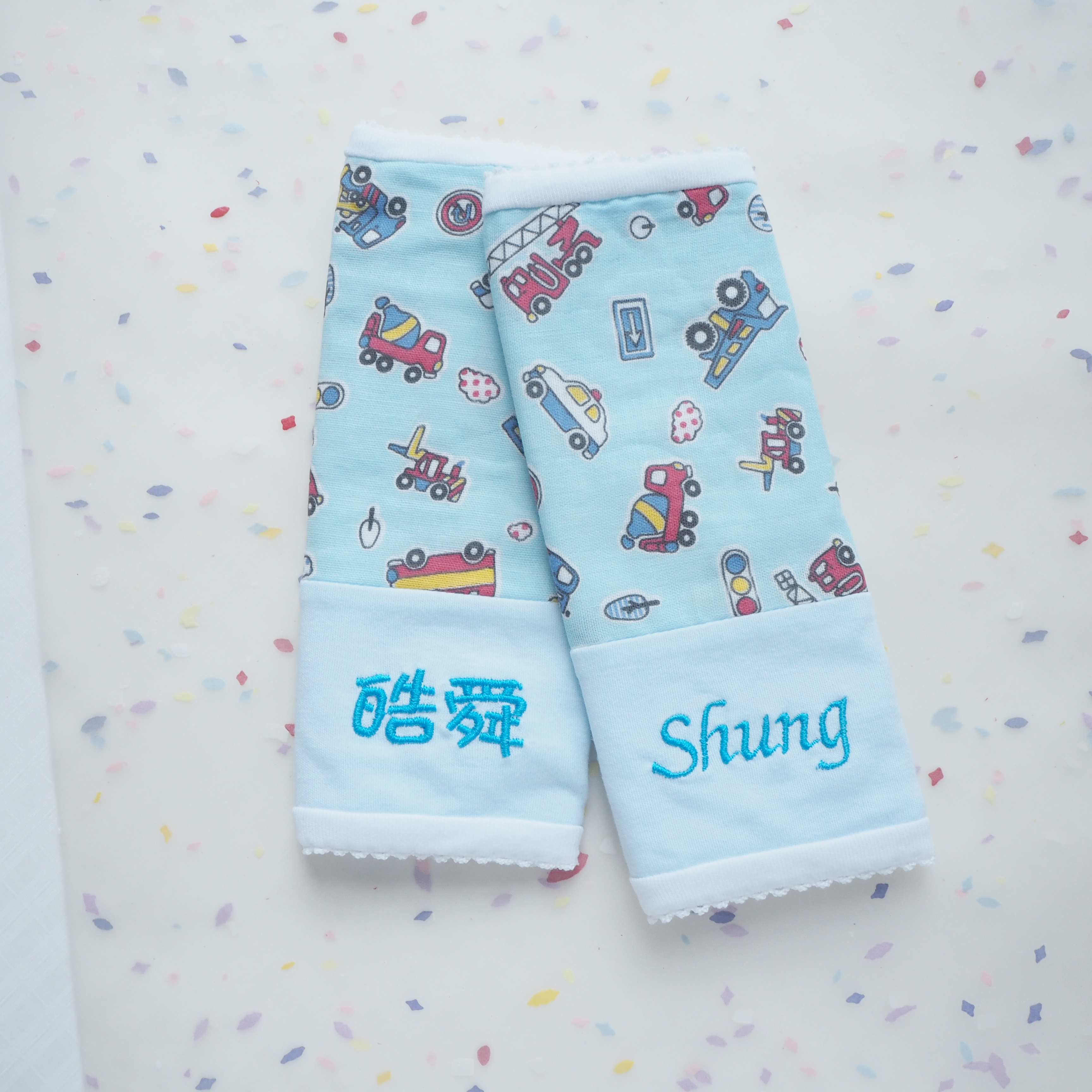 藍色車車圖案 日本六重紗雙面背帶口水巾 咬咬巾