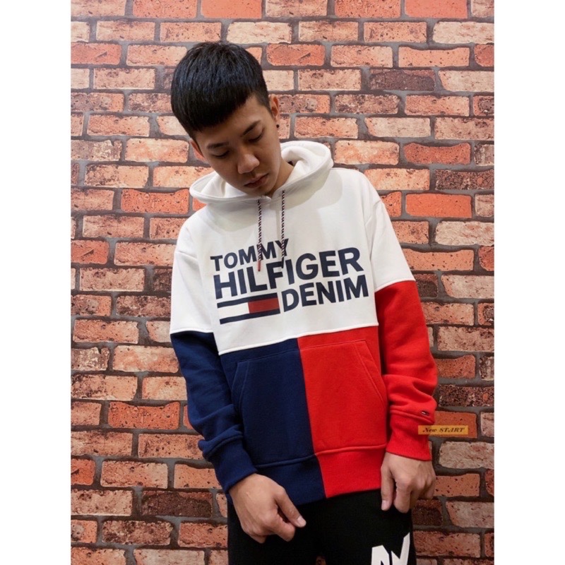 Tommy Hilfiger Denim 拼接撞色 字母國旗 內刷毛 帽T 連帽上衣