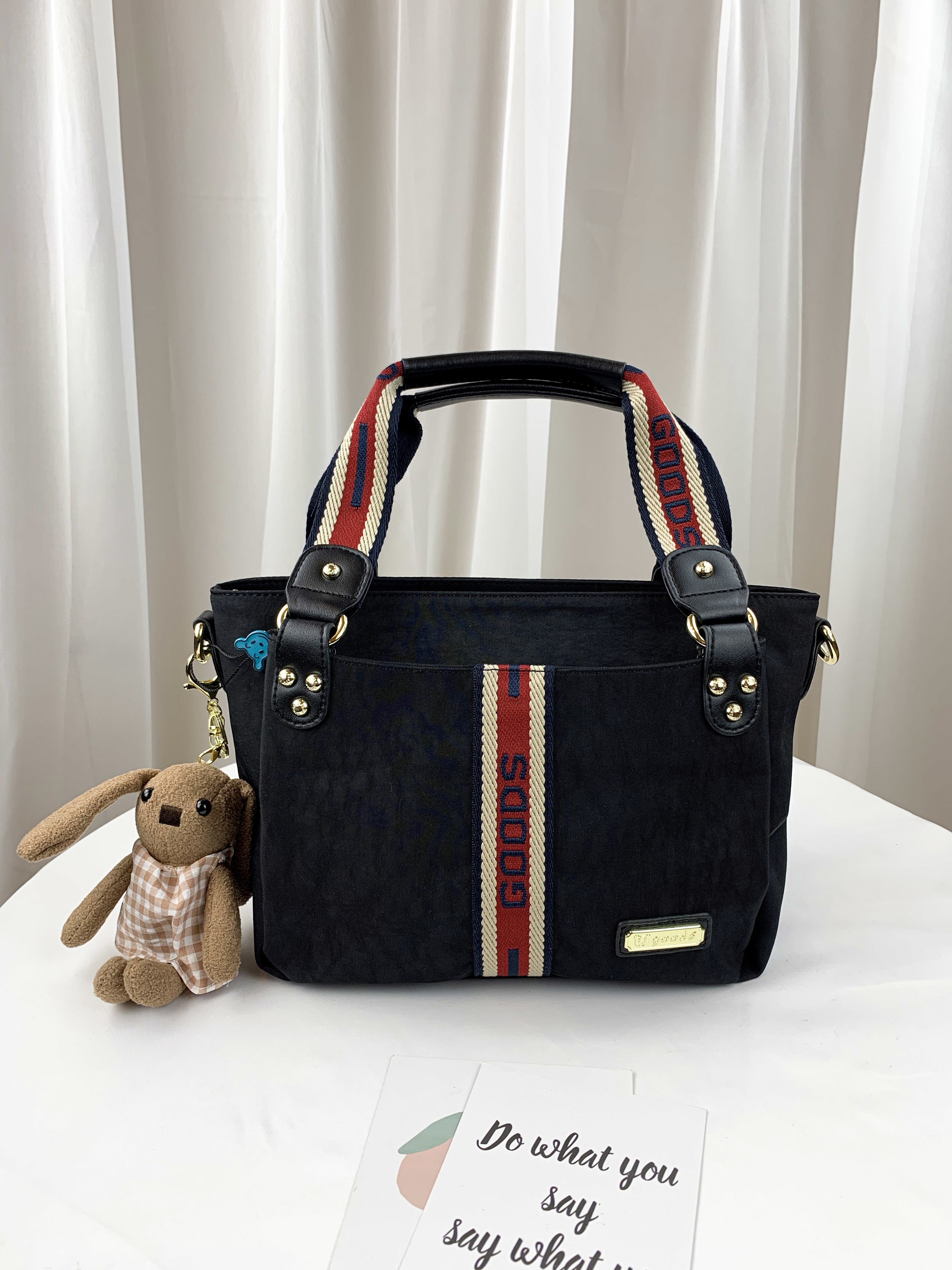 GOODS 織帶黑 水洗紋手提包 / 側背包 附小熊吊飾 #2005