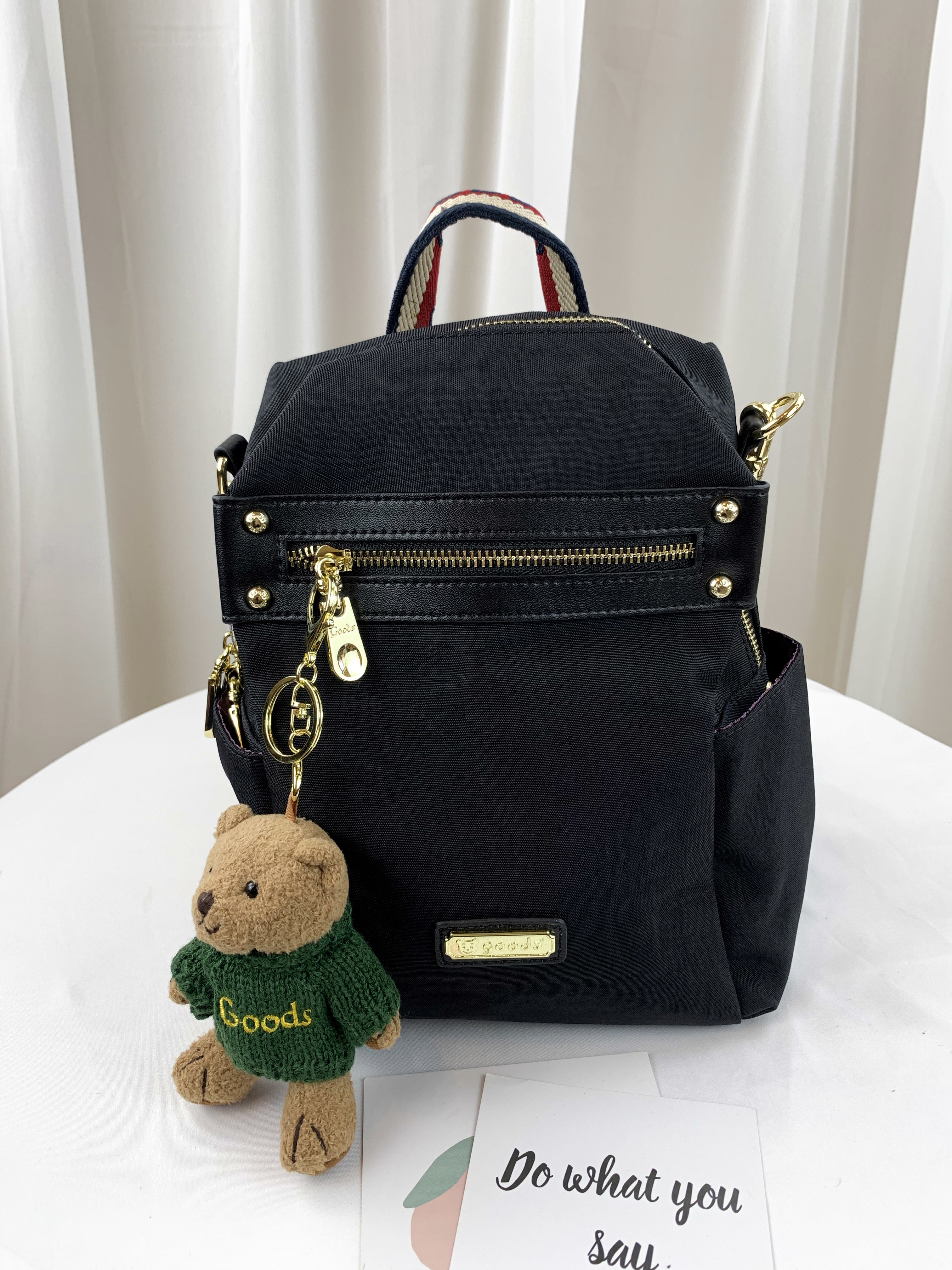 GOODS 織帶黑 水洗紋防潑水後背包 / 側背包 附小熊吊飾 #2653