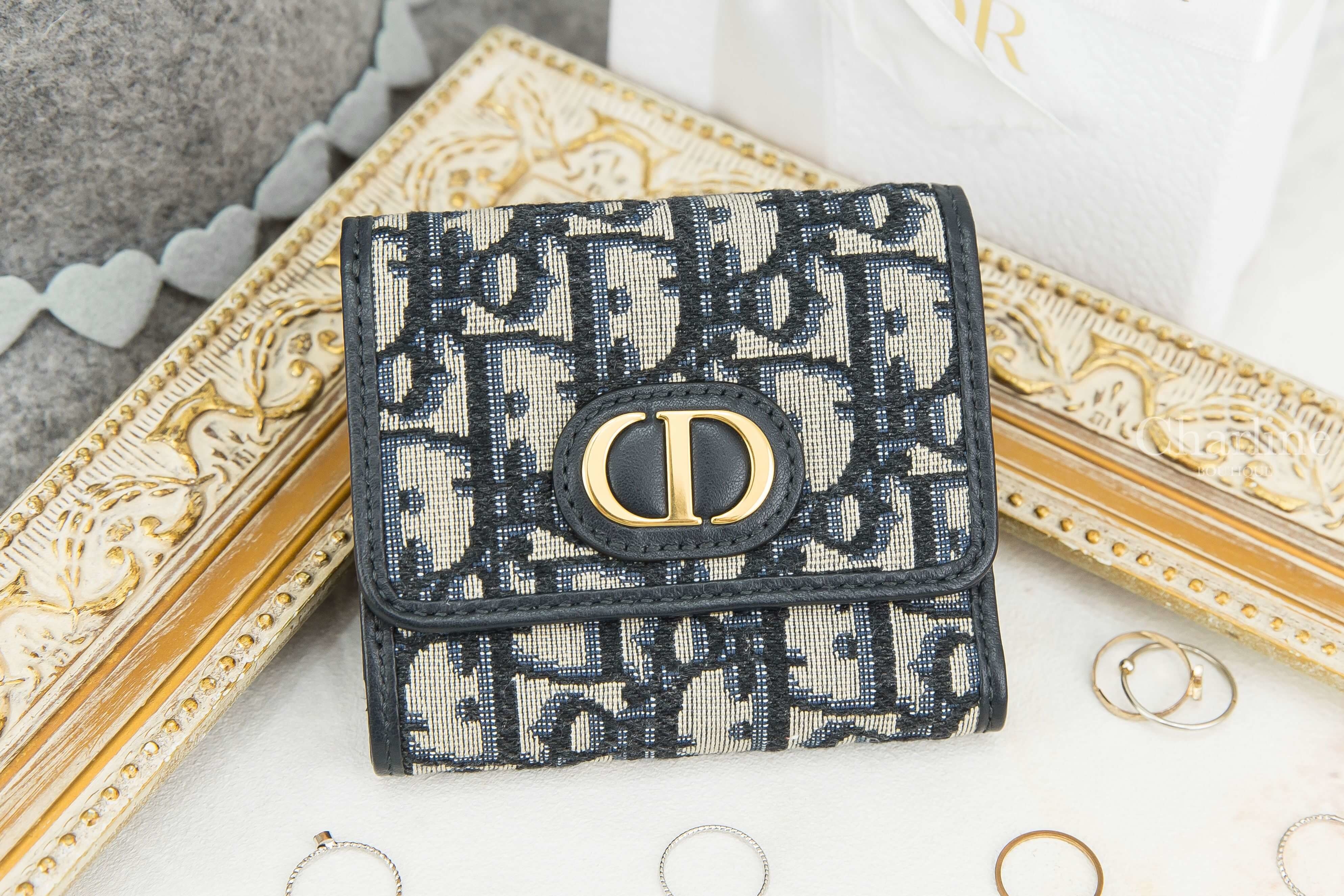 Dior 30 Montaigne Lotus Wallet 深藍色復古小牛皮帆布金色CD三折短夾