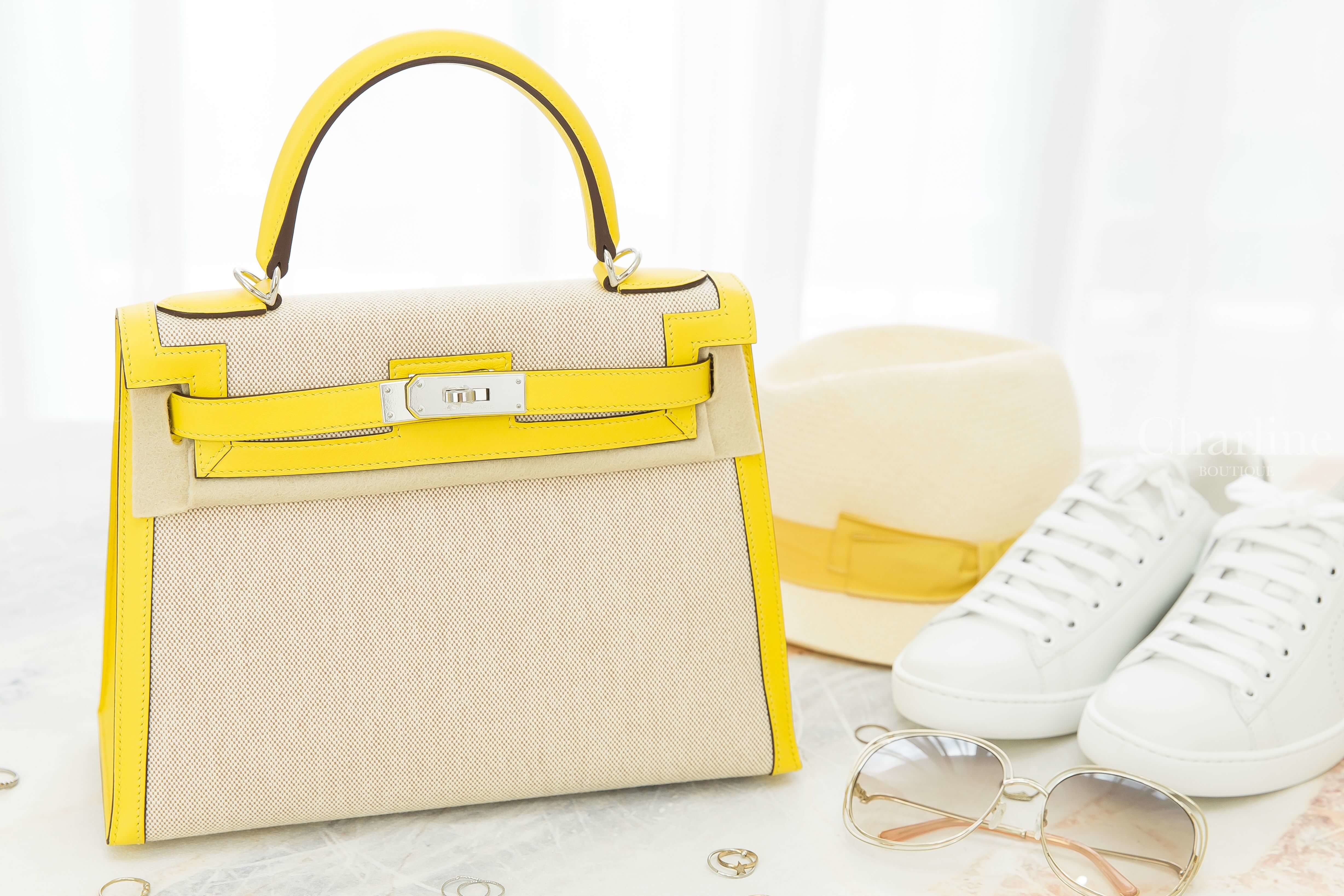 Hermès Kelly 28cm 9O Jaune de Naples Toile / Swift 那不勒斯黄帆布拼接銀釦凱莉包