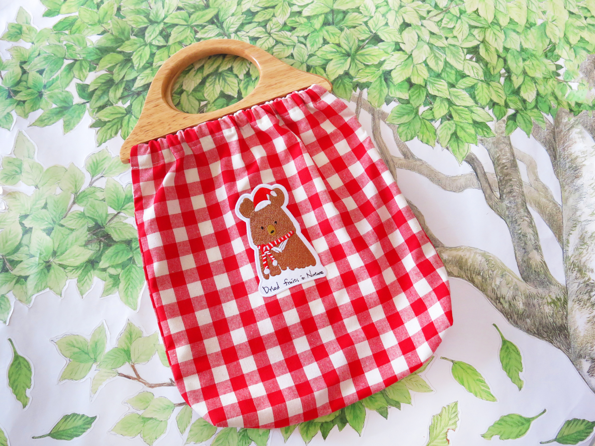 格紋紅帽小熊木柄帆布手提包