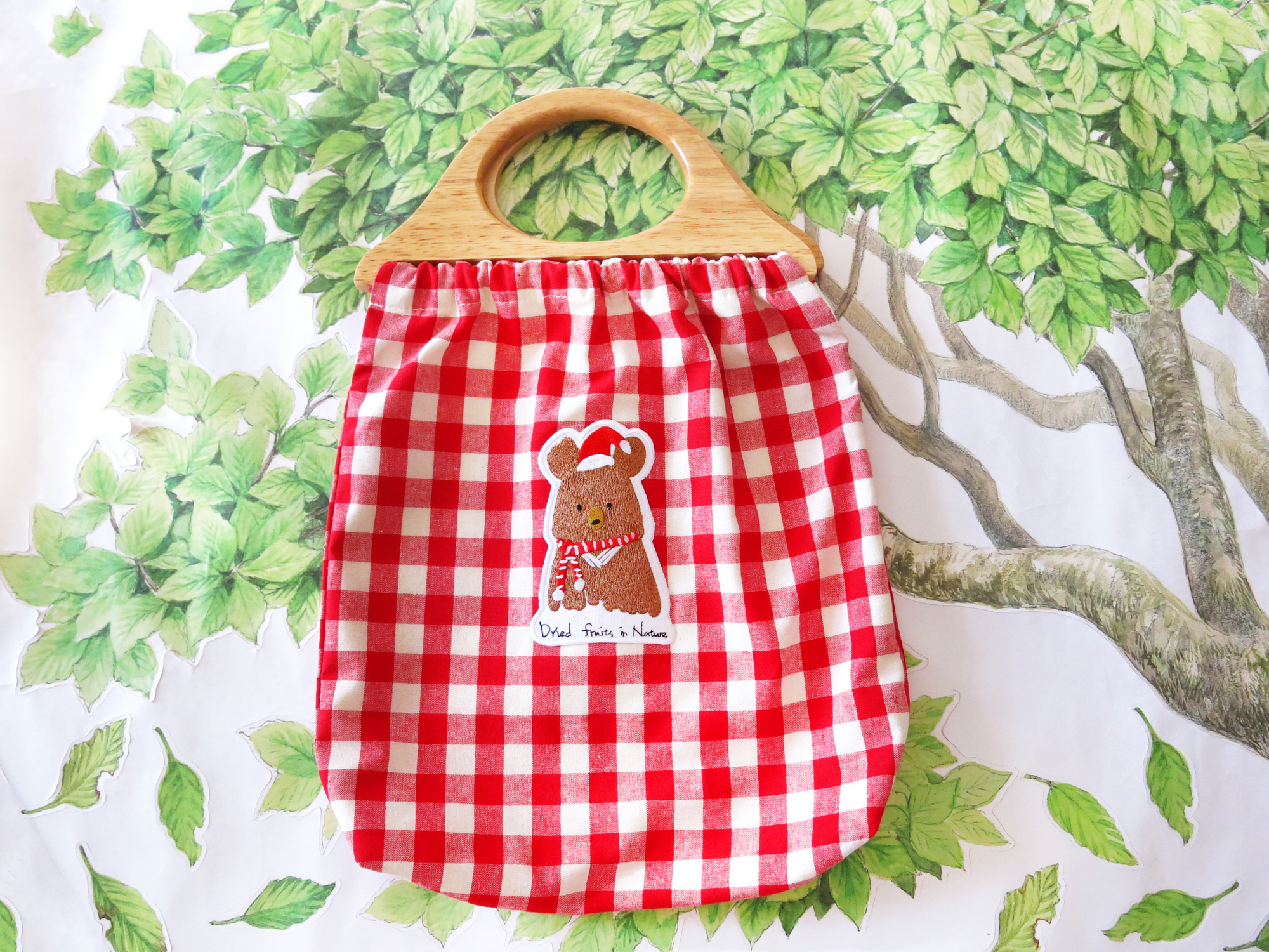 格紋紅帽小熊木柄帆布手提包
