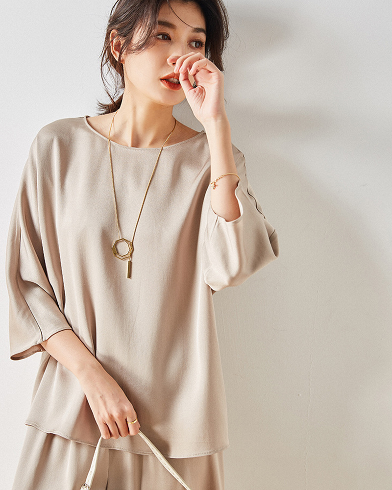 圓領連袖醋酸絲緞洋上衣(杏)