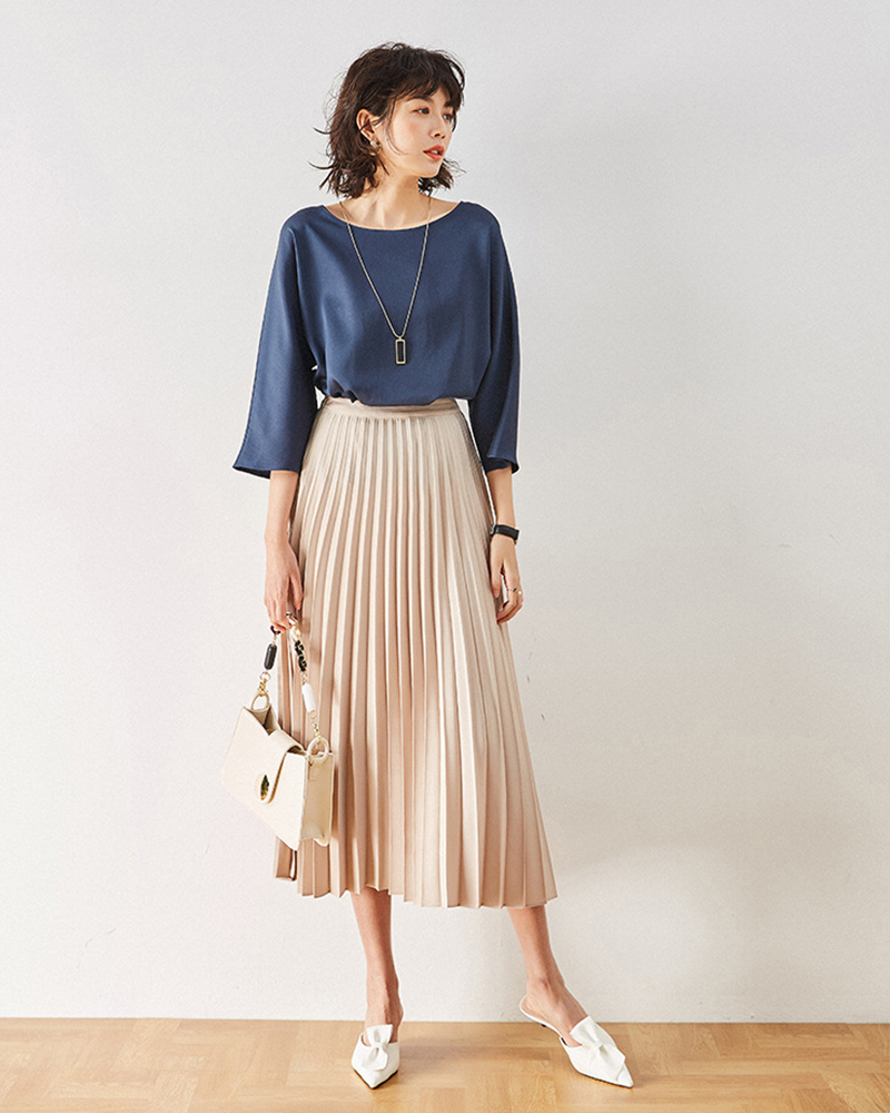 DEER.W 百褶絲緞長裙 杏色