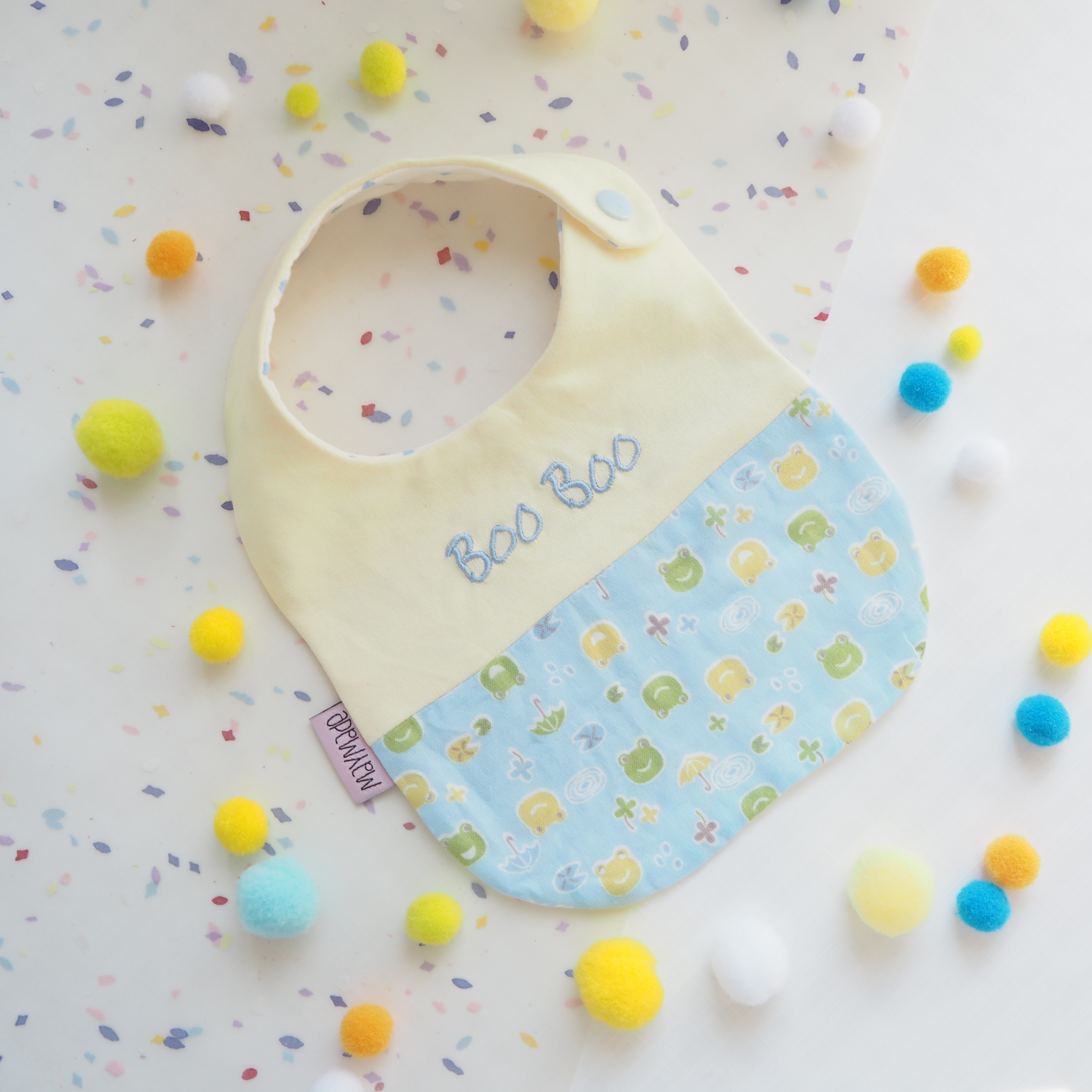 青蛙圖案 拼布款繡名口水肩