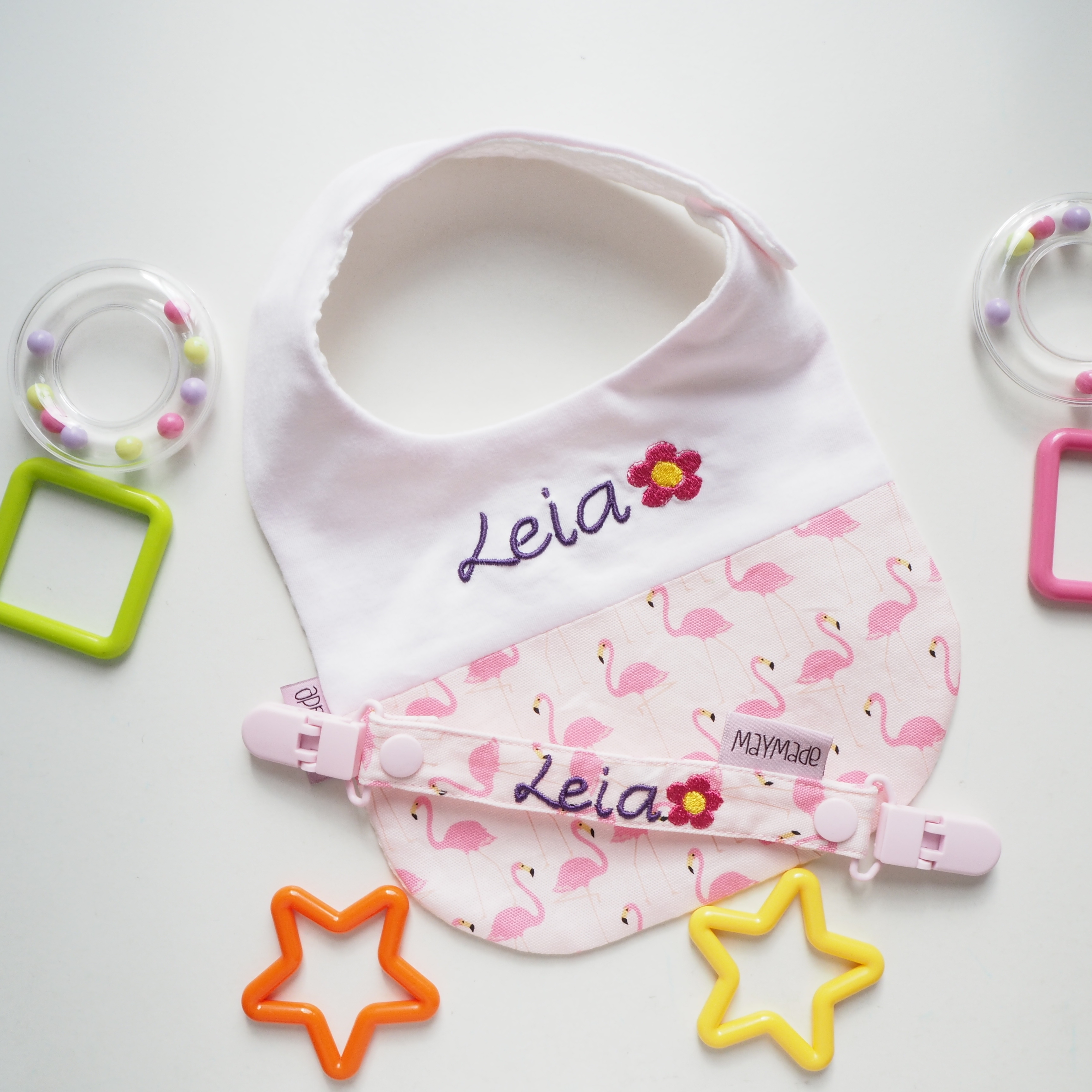 粉紅色火烈鳥純棉布圖案 拼布款繡名口水肩