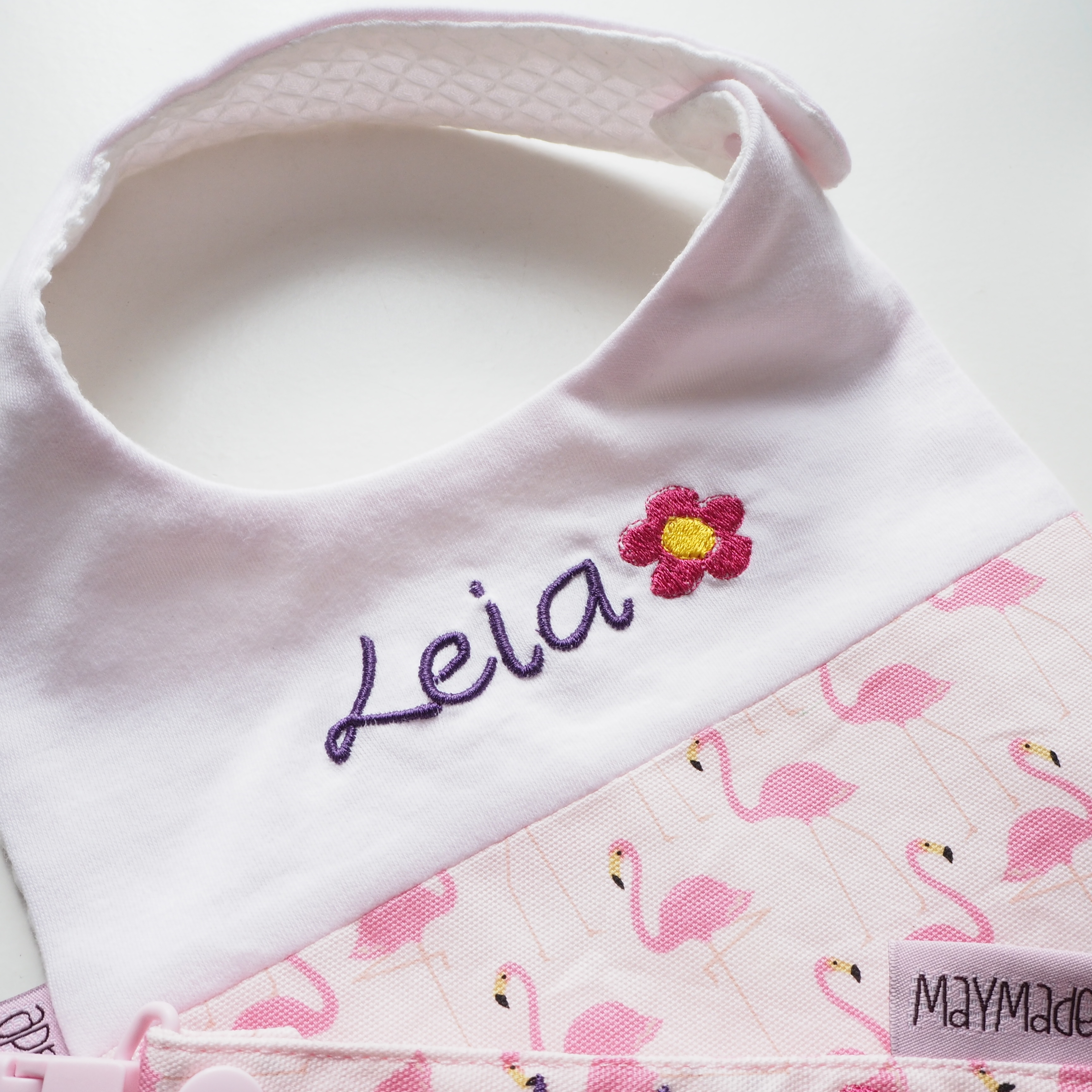 粉紅色火烈鳥純棉布圖案 拼布款繡名口水肩