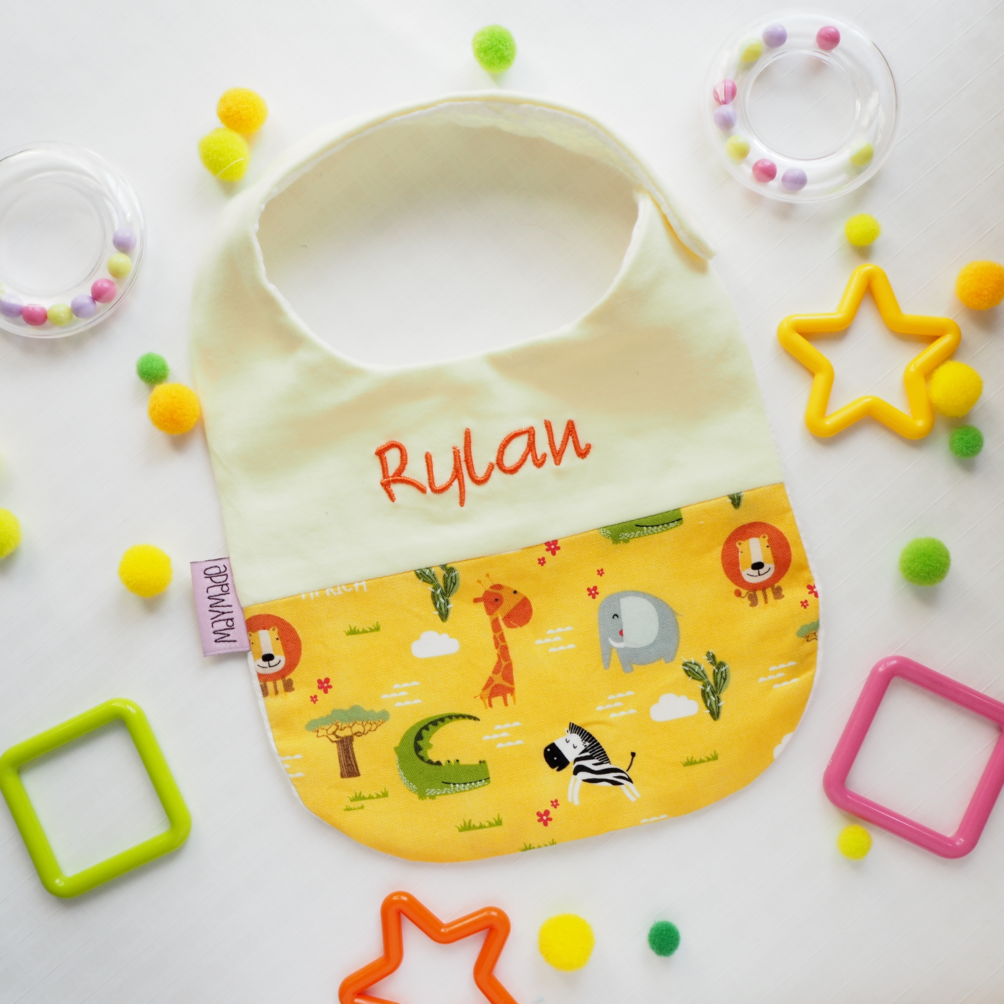 野生森林動物純棉布圖案 拼布款繡名口水肩