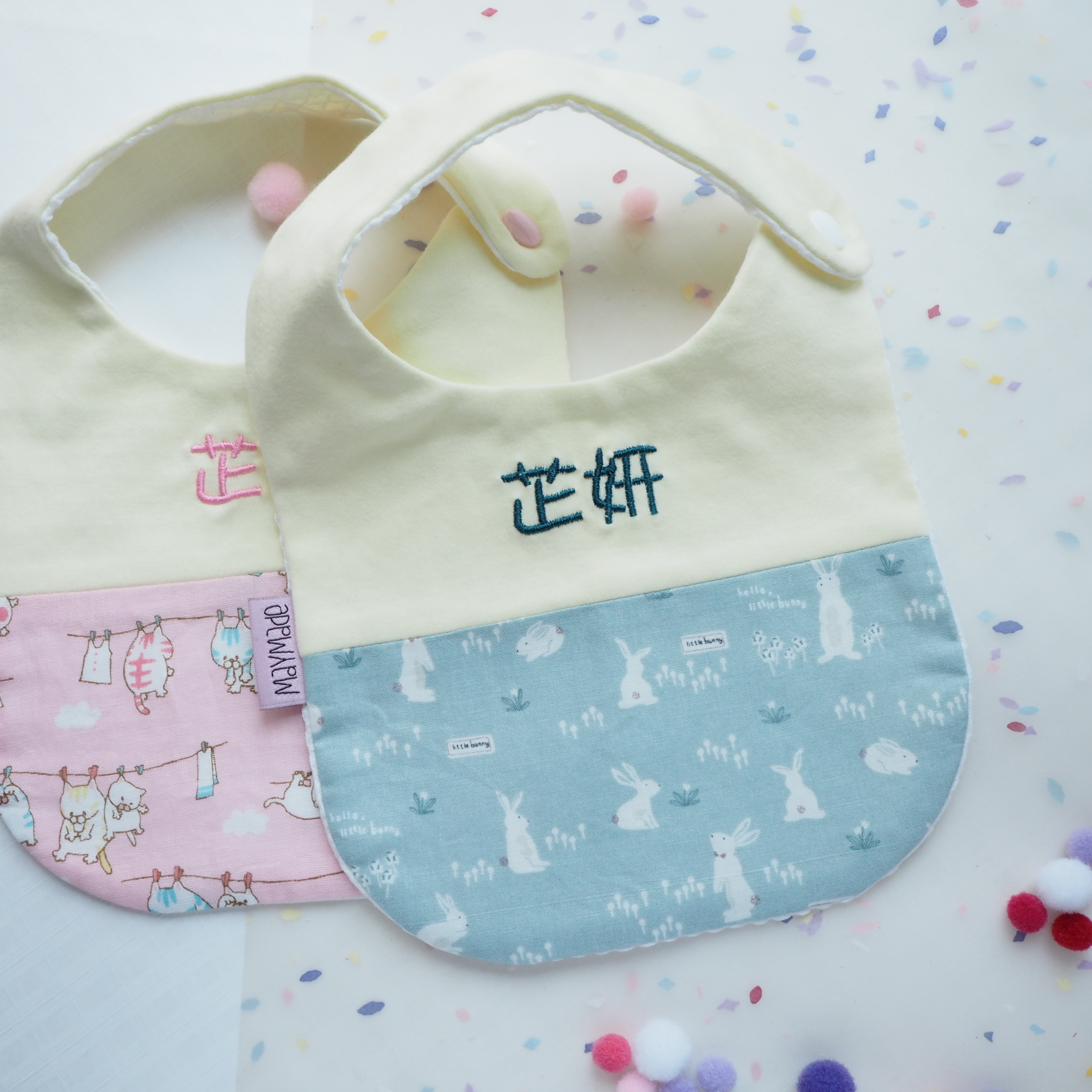 綠色小兔純棉布圖案 拼布款繡名口水肩