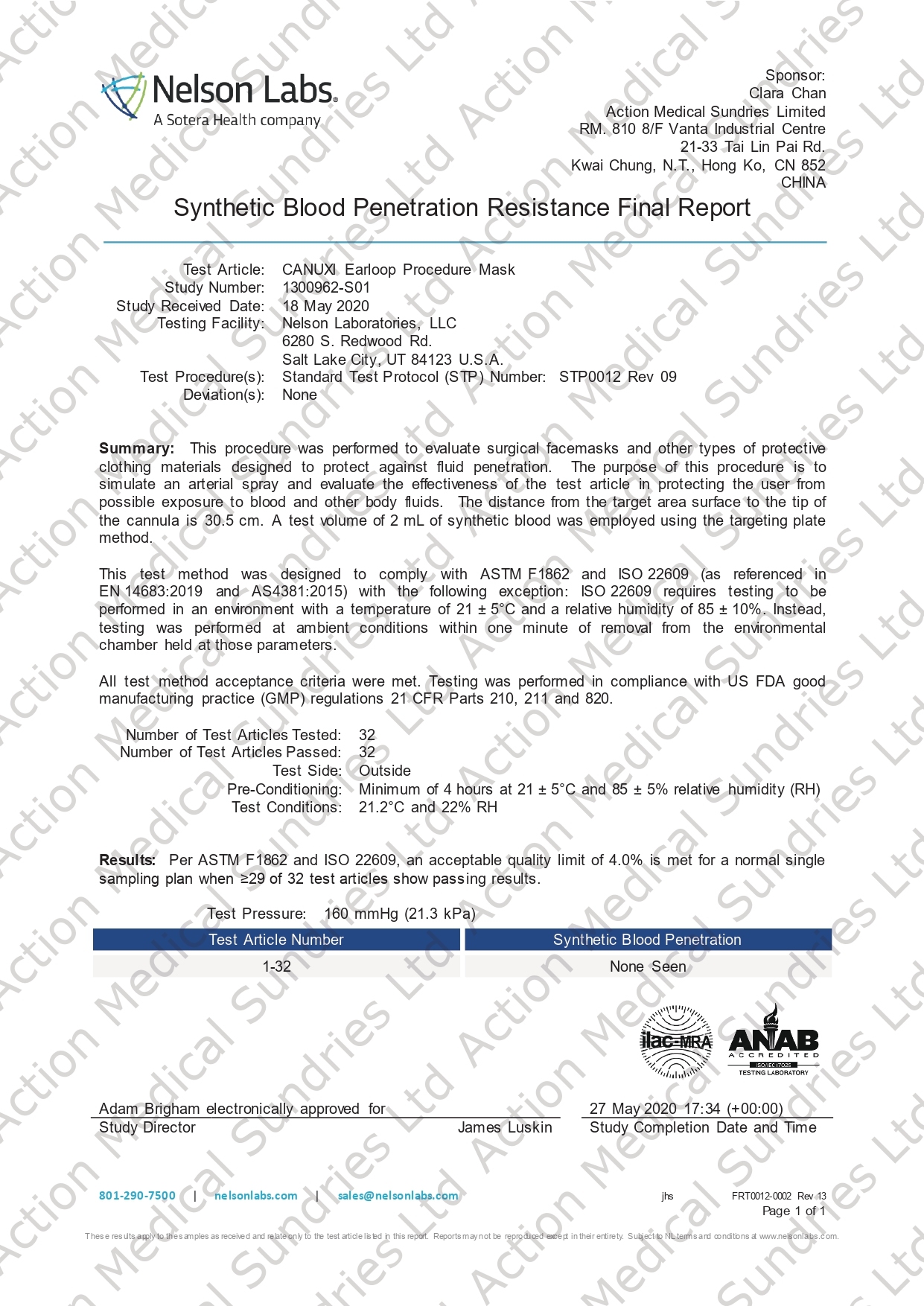 美國 Nelson 檢測中心 防血液滲透 ASTM Level 3 標準