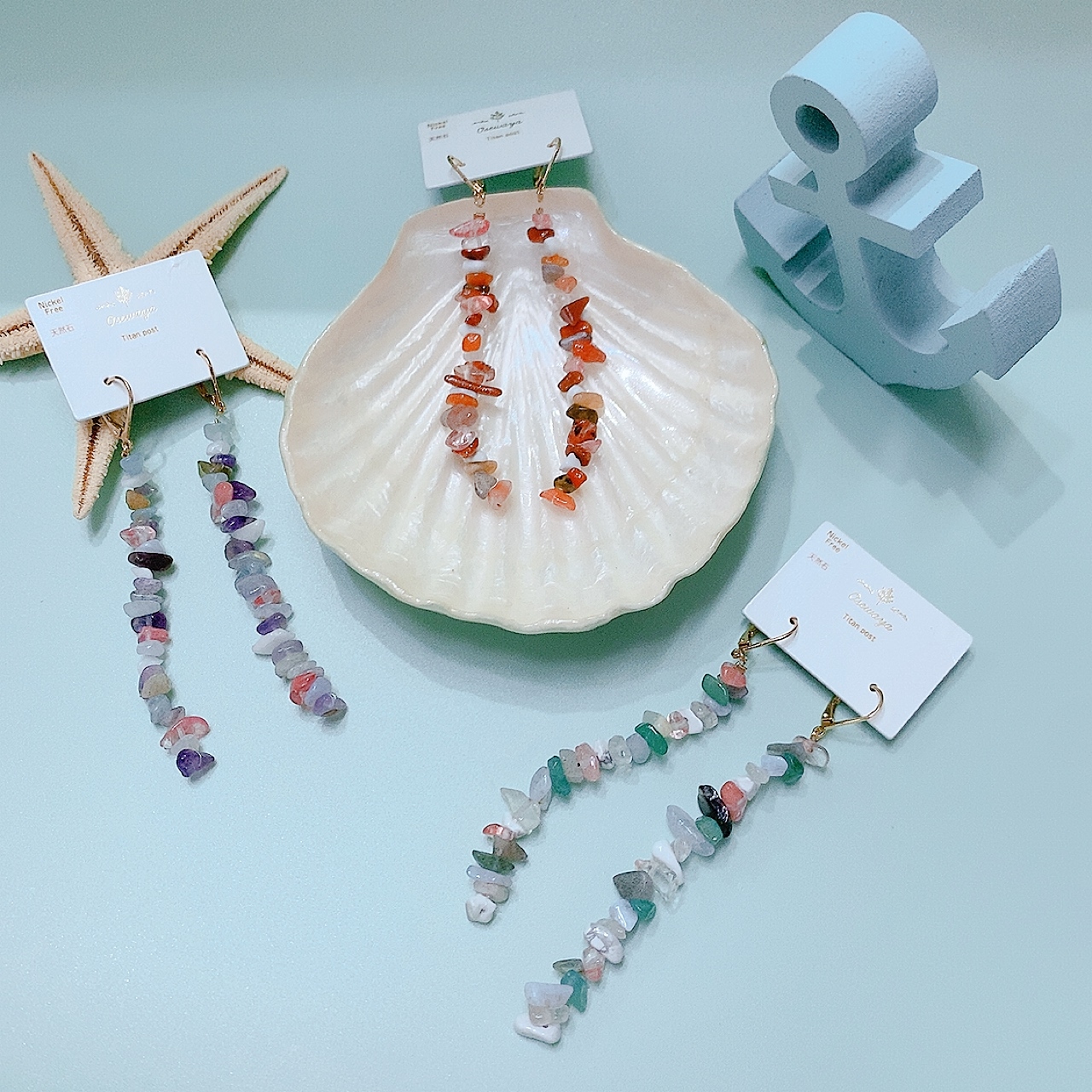 [日本制]彩色天然石長吊耳環(防敏感)