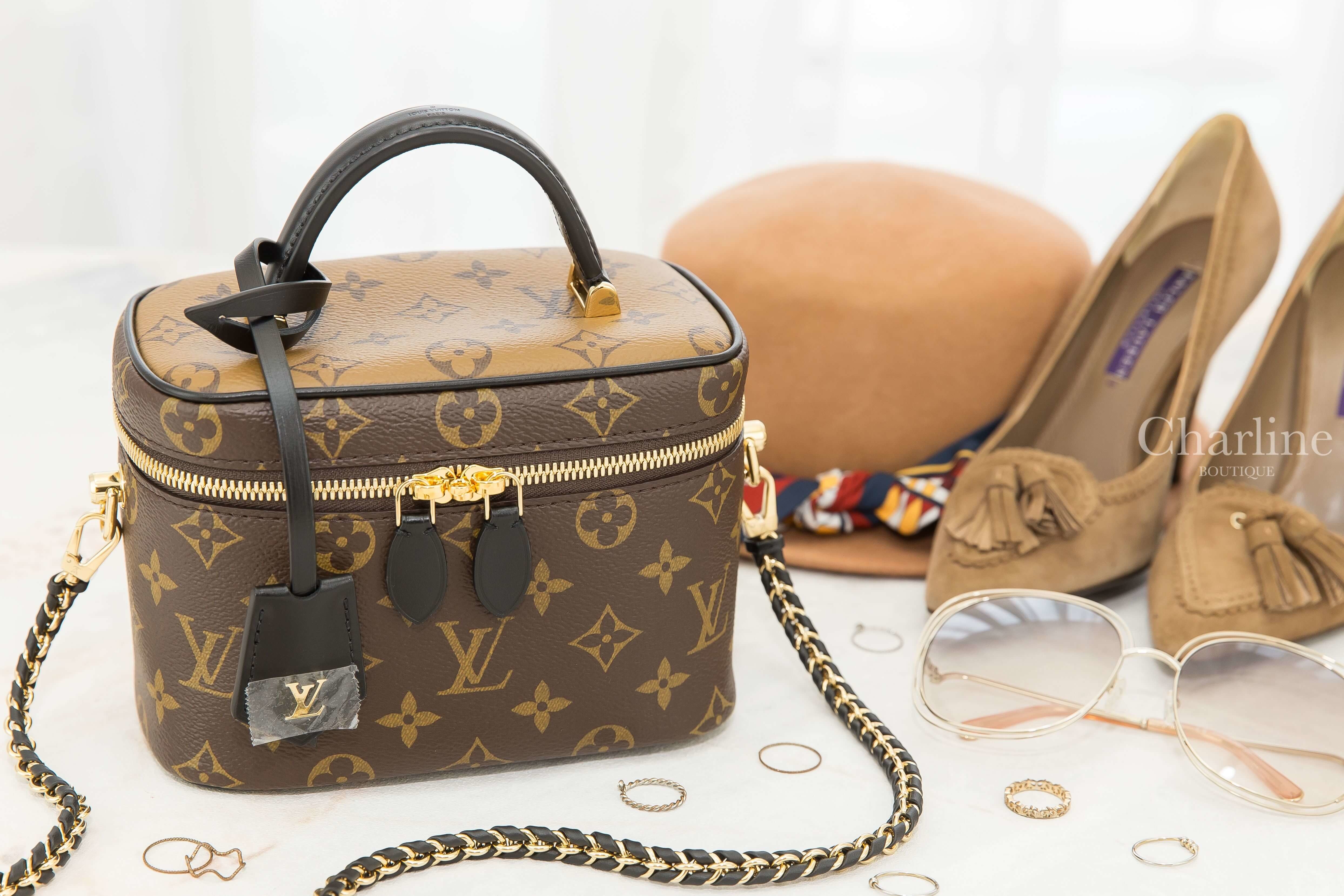 Louis Vuitton Vanity Pm 咖啡色老花拼卡其色老花黑色提把金鍊手提肩背化妝包